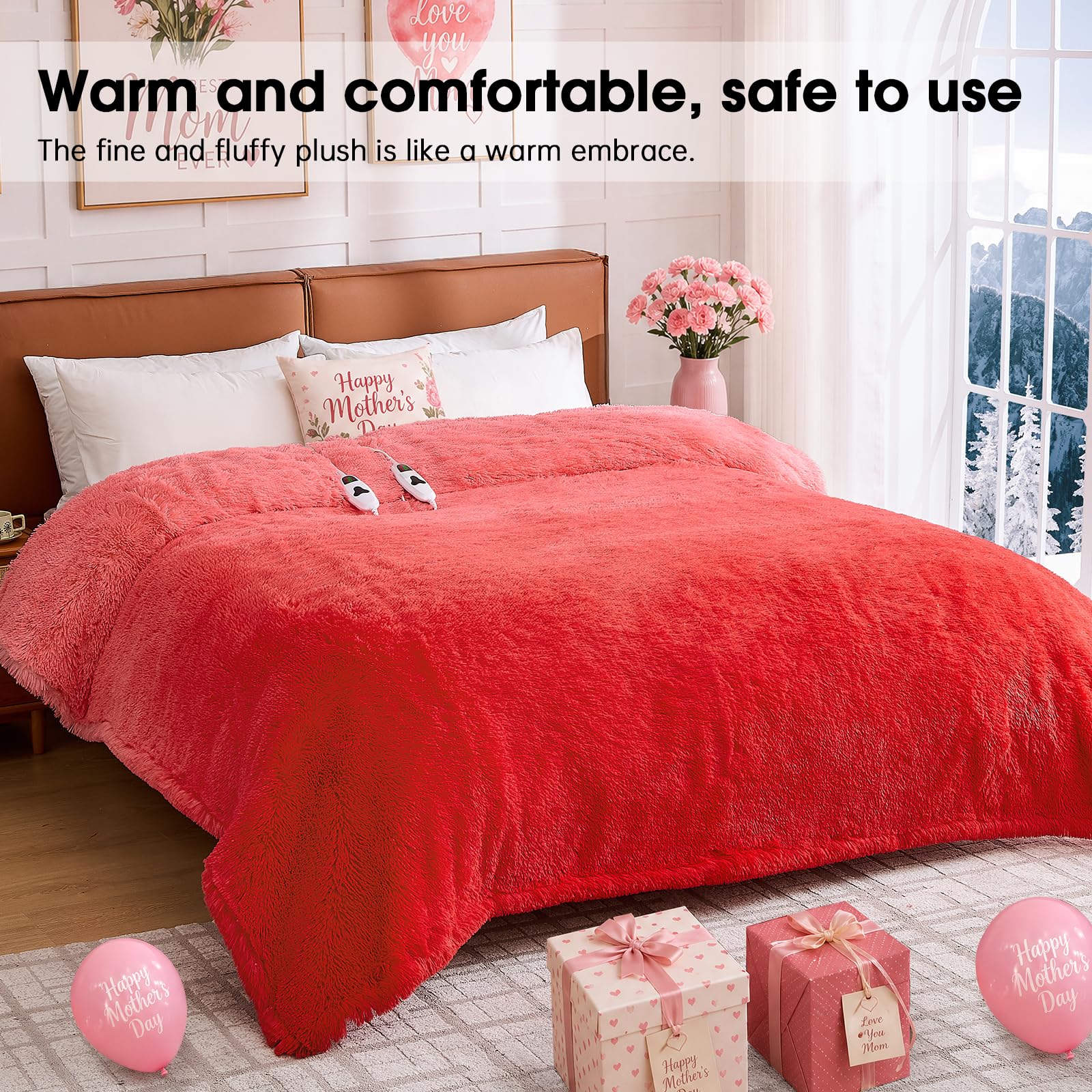Heated Electric Blanket Queen–Faux Fur with Soft Thick SherpaWarm Winter Birthday Gifts for Women Grandma,Dual Control,10 Heat Settings,5 Time Settings, 84x90, Beige