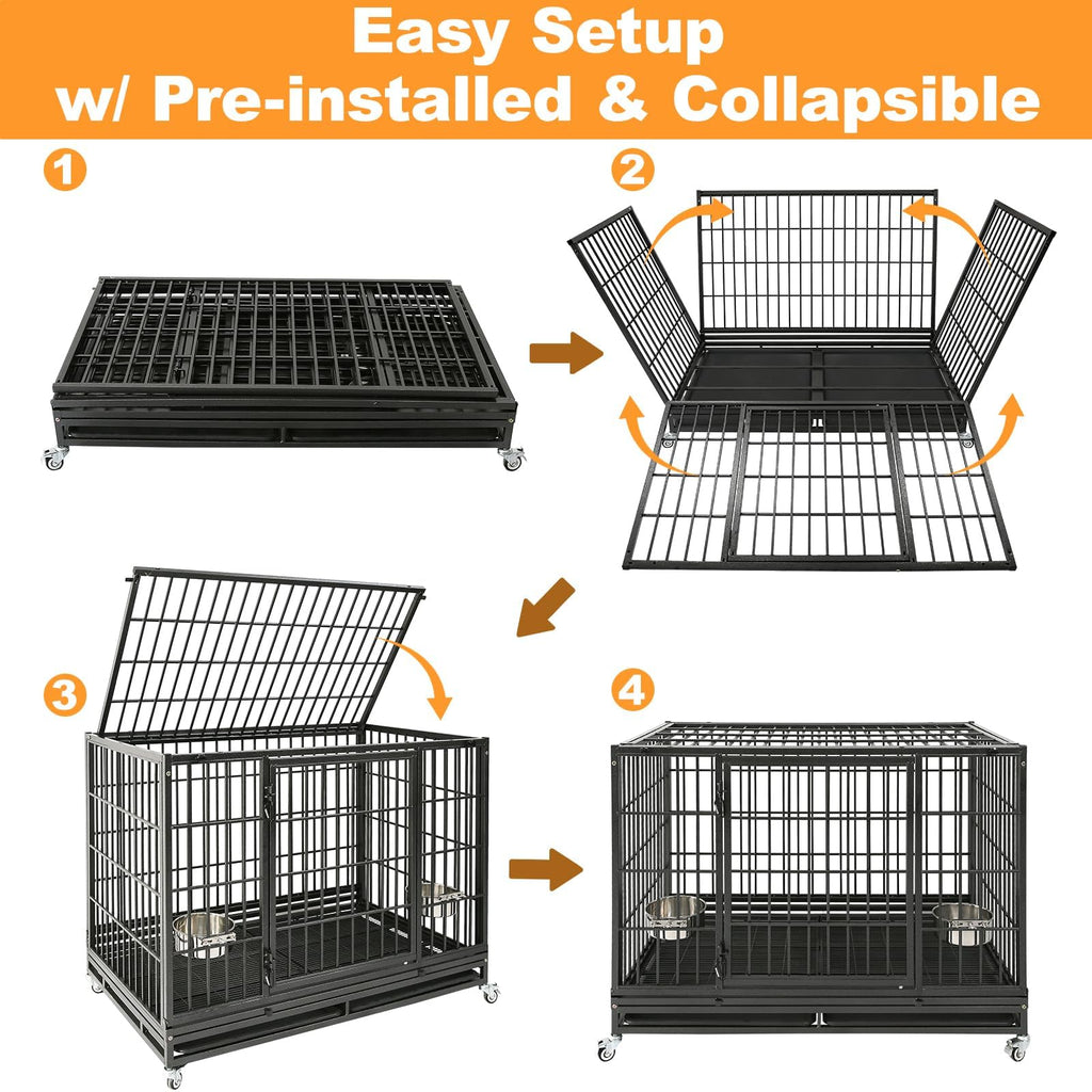 Homey Pet 37 inch Stackable Heavy Duty Dog Crate, Indestructible Escape Proof Dogs Cage Kennel with Lockable Wheels, Removable Tray & Metal Grid, Double Doors for High Anxiety Medium/Small Dogs