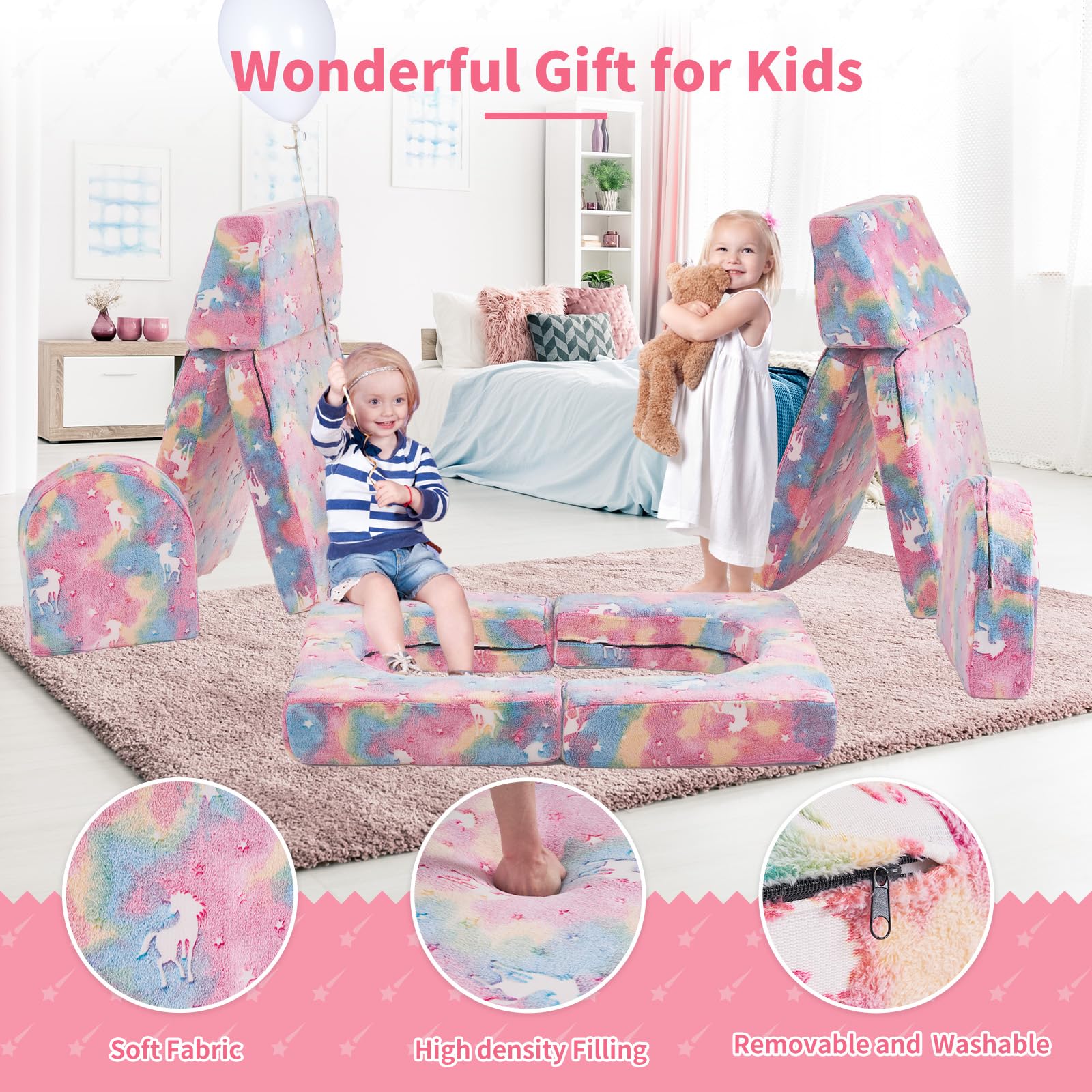 wanan Kids Couch 10PCS, Modular Kids Play Couch for Playroom Bedroom, 10 in 1 Multifunctional Kid Sofa for Playing, Creativing, Sleeping, Indoor Toddler Couches for Boys and Girls(Dark Grey)