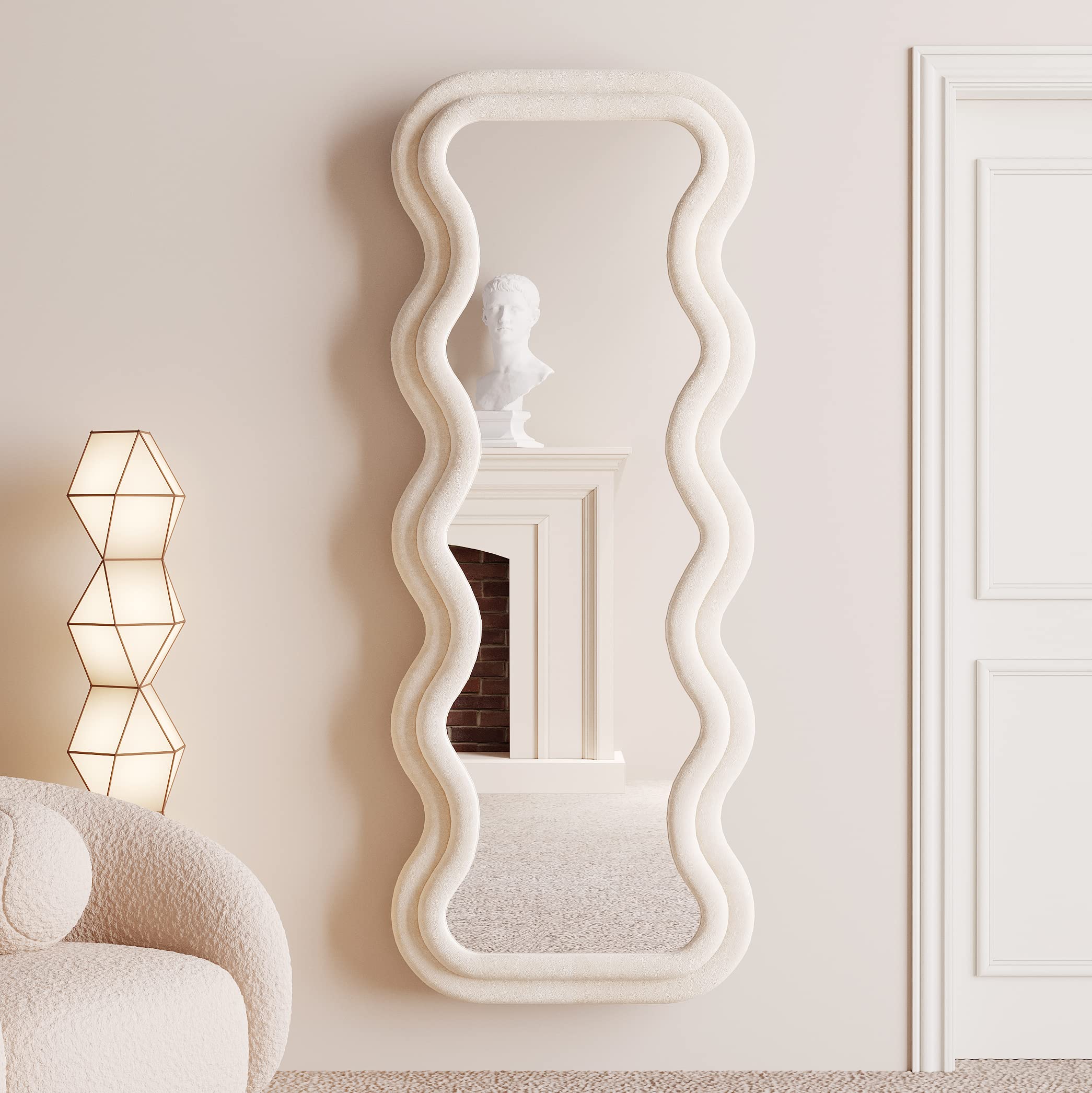 BOJOY Full Length Mirror, 63" x 24" Wall Mirror, Flannel Wrapped Wooden Frame Floor Mirror, Irregular Wavy Mirror Hanging or Leaning Against Wall for Cloakroom/Bedroom/Living Room, Black