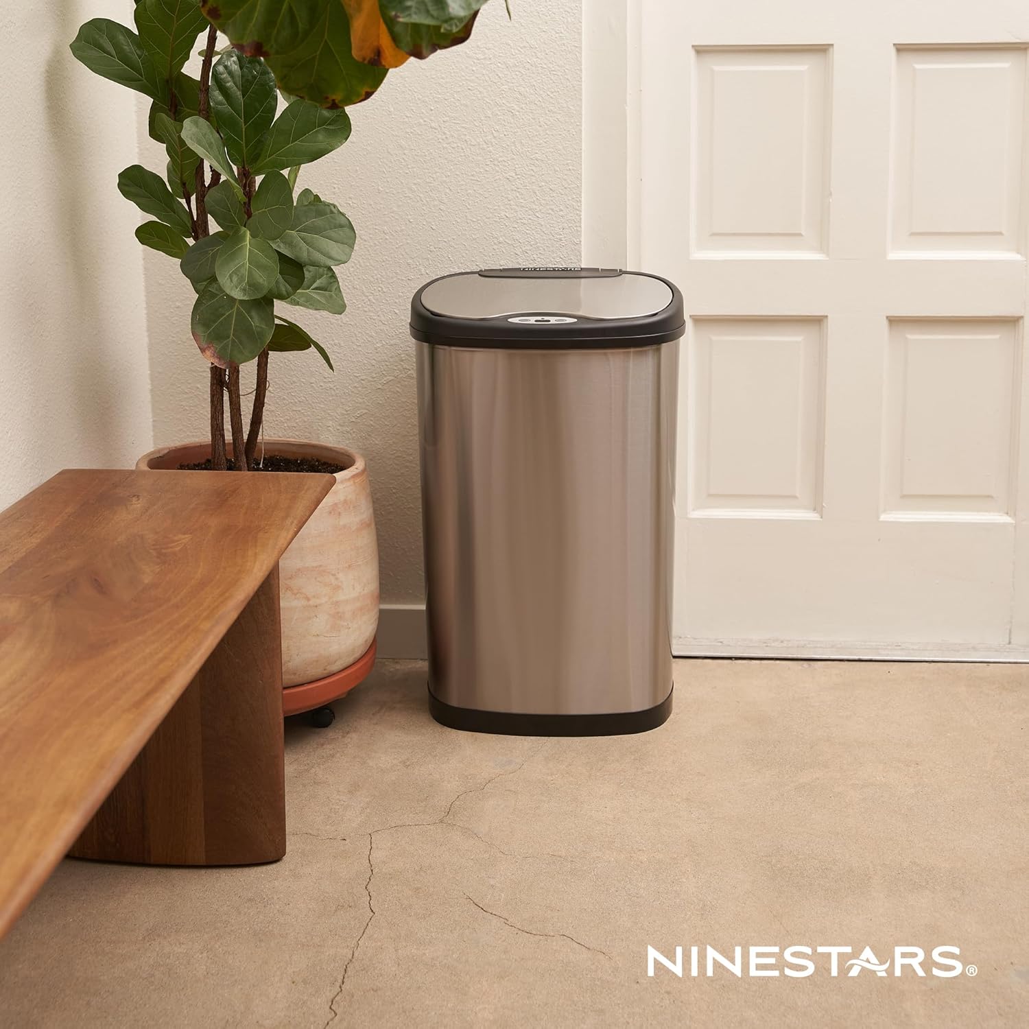 Ninestars DZT-50-13R Automatic Touchless Dual Compartment Motion Sensor Trash Can/Recycler, 13 Gal 50L, Stainless Steel Base (Oval, Black/Silver Lid)