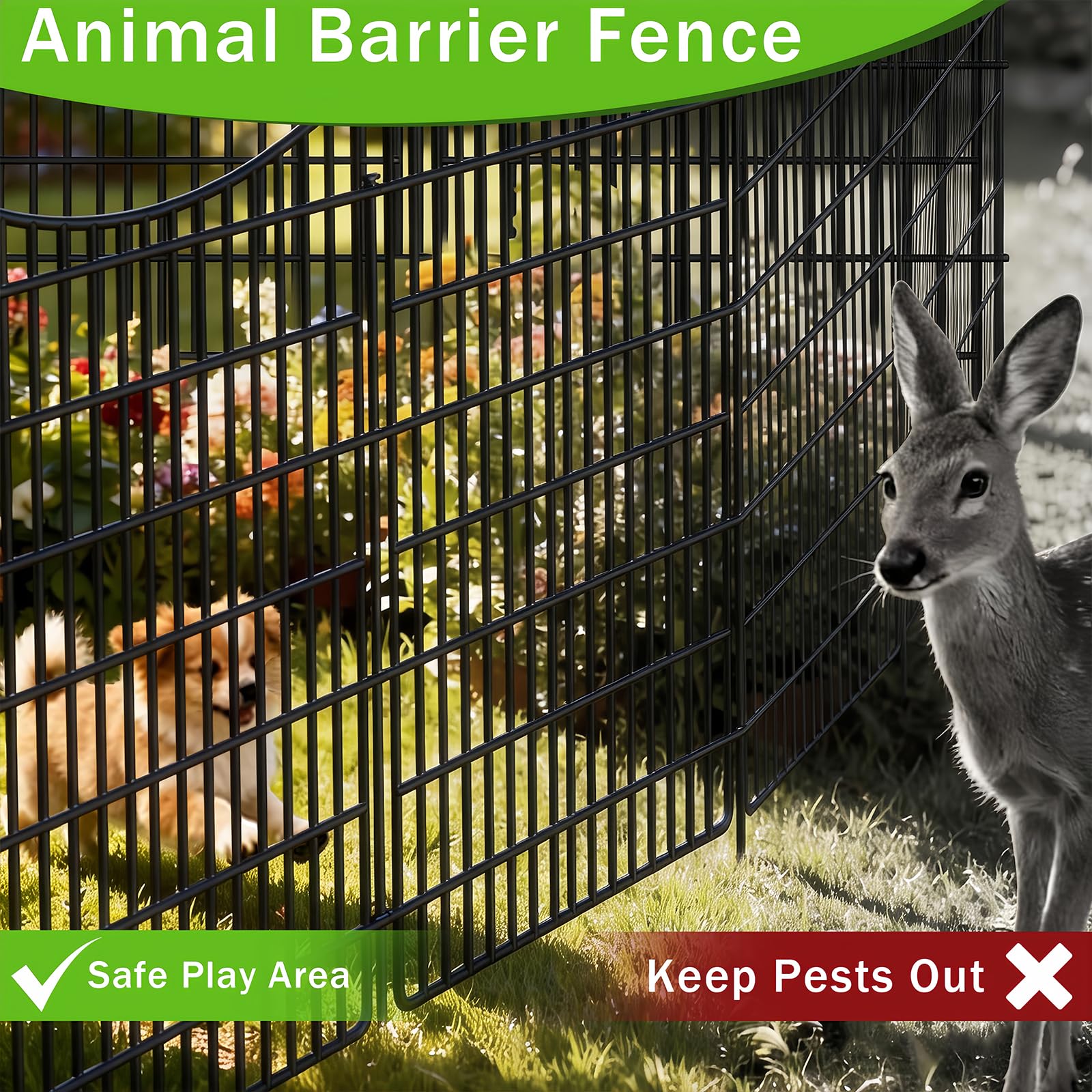 10 Panels Garden Fence Animal Barrier, 33 in(H) X 24 ft(L) Dog Fence Outdoor for Yard with Lock, Tall Metal Fencing with Ground Stakes, Temporary Fencing for Dog, Rabbits, and Patio Border