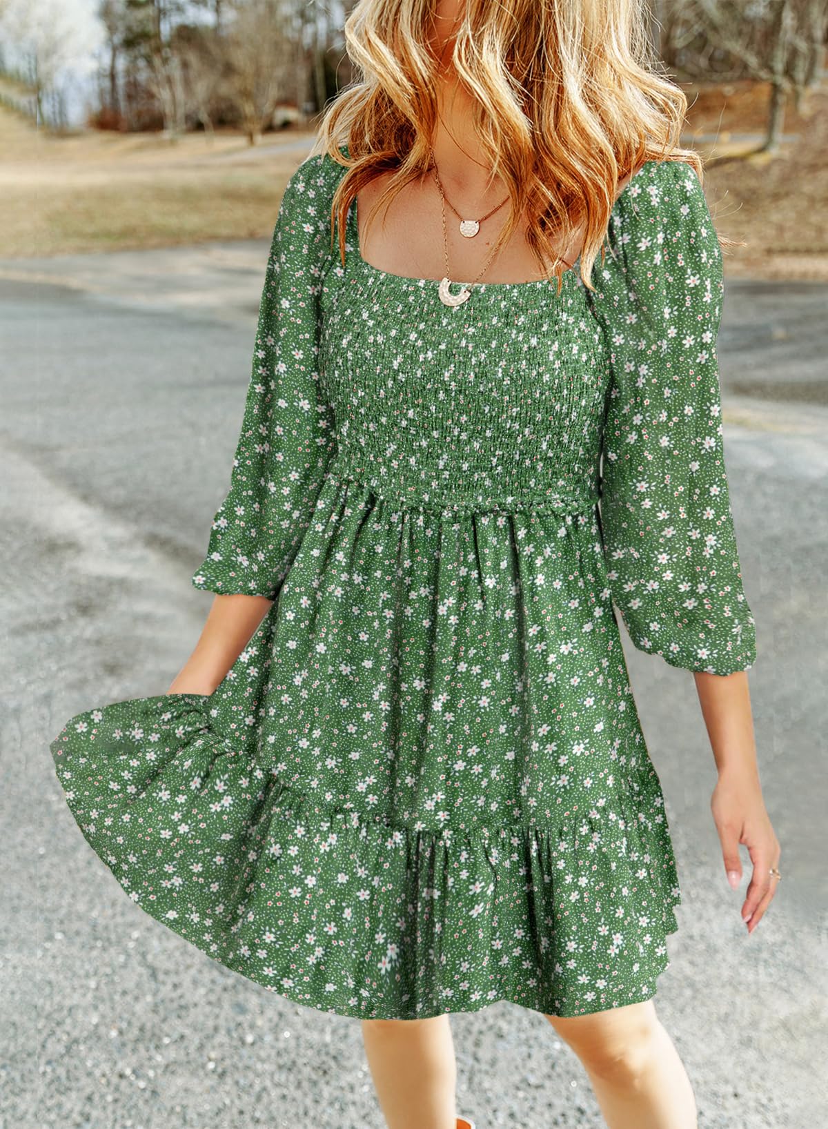 Dokotoo Fall Dresses for Women 2025 Boho Floral Square Neck Smocked 3/4 Sleeve Casual A-Line Swing Mini Dress Sundress
