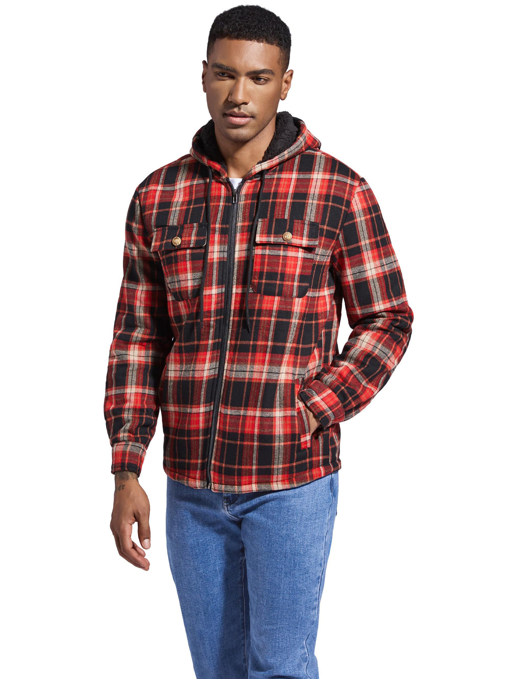 Men's Flannel Plaid Hooded Jackets Full Zip Sherpa Fleece Lined Hoodies Fashion Warm Coat