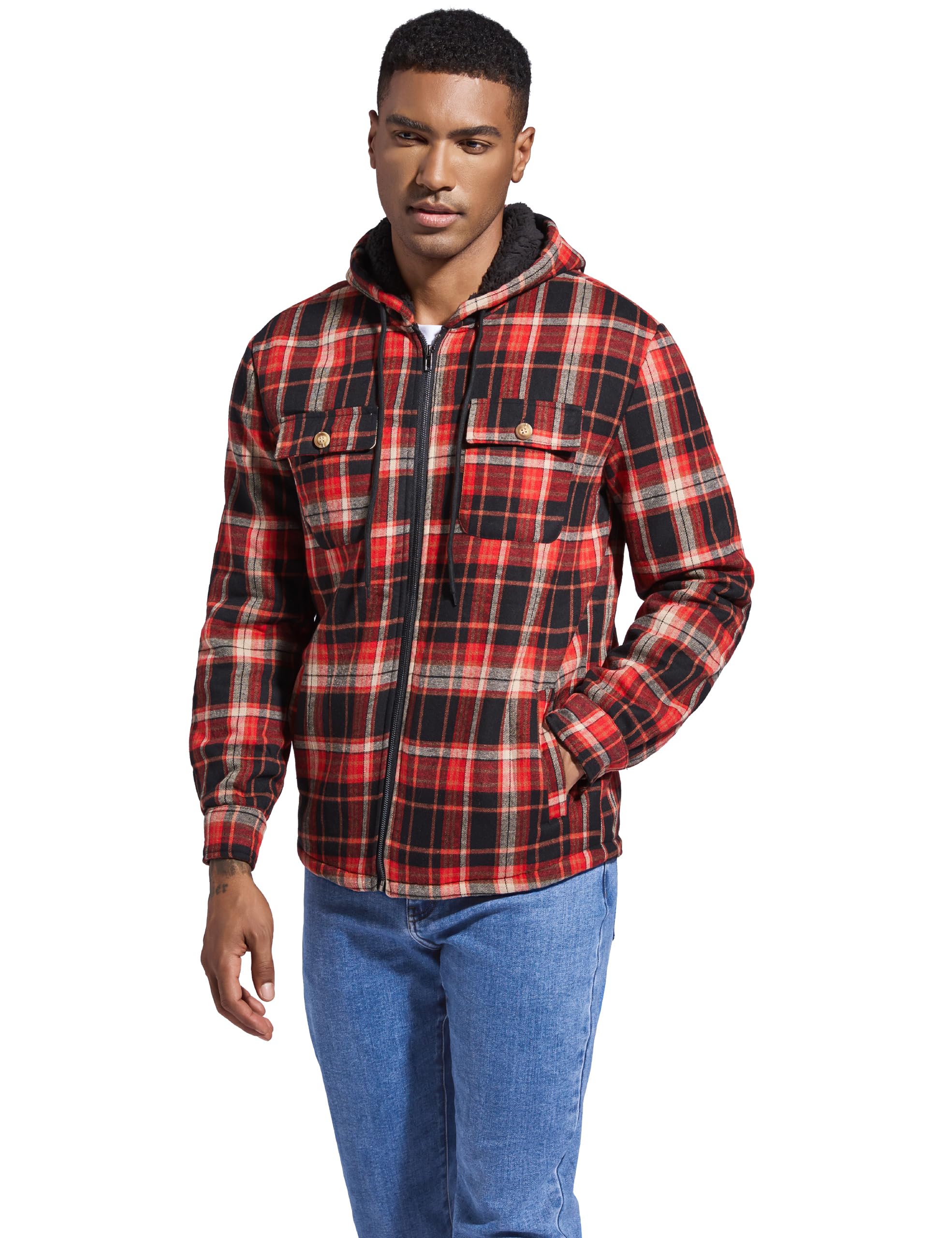 Men's Flannel Plaid Hooded Jackets Full Zip Sherpa Fleece Lined Hoodies Fashion Warm Coat