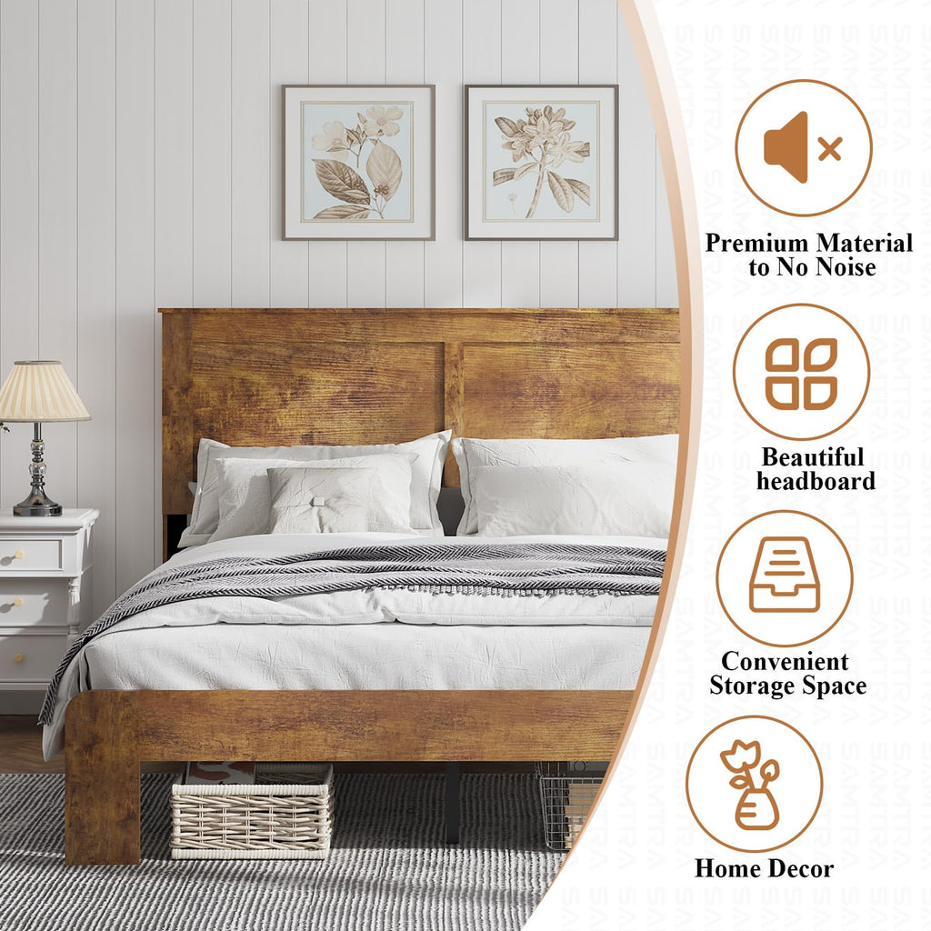 Wooden Bed Frame Full Size with Headboard, Farmhouse Platform Bedframe with Wood Slat Support, Sturdy Framework Bed Frame, Easy Assembly (Rustic Black)