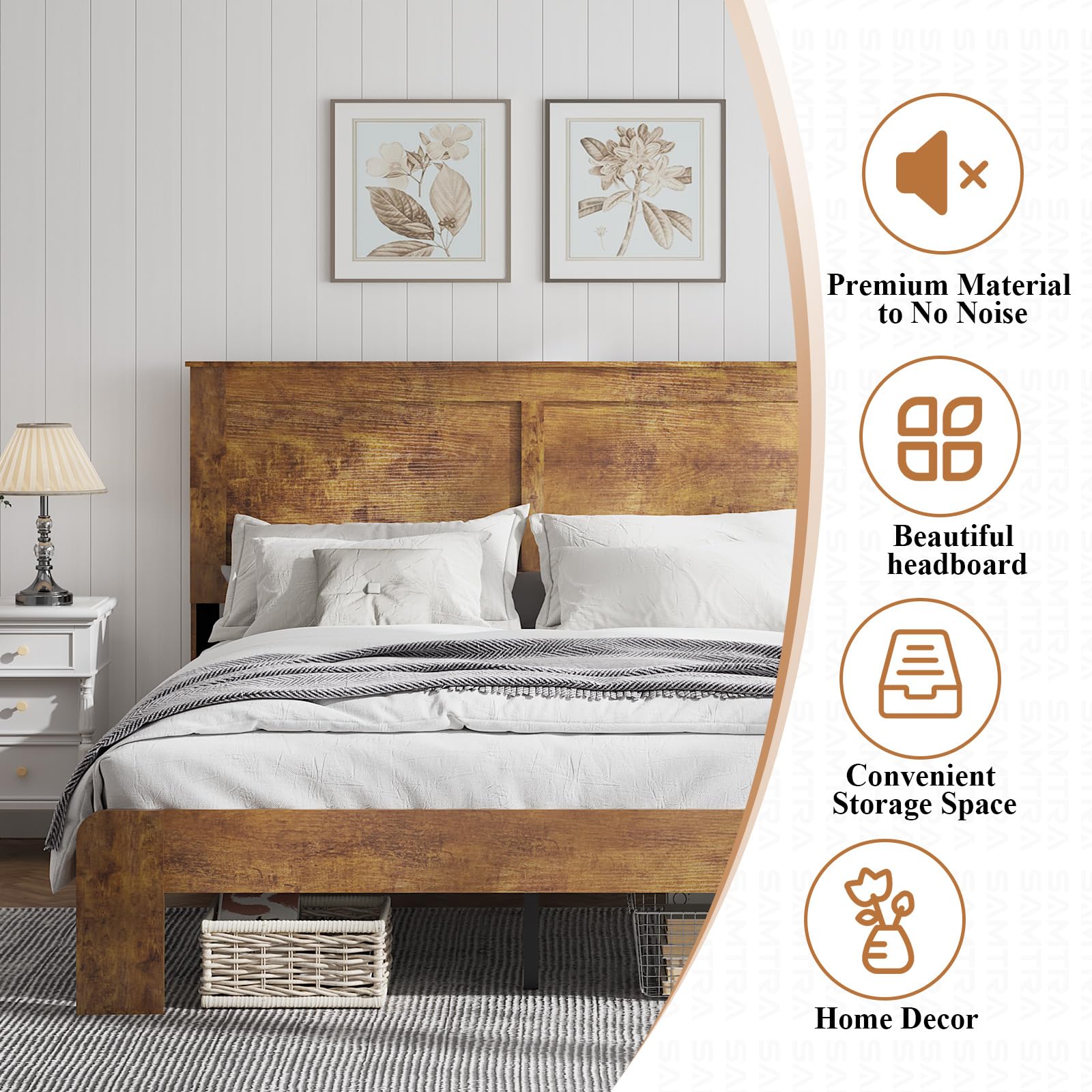 Wooden Bed Frame Full Size with Headboard, Farmhouse Platform Bedframe with Wood Slat Support, Sturdy Framework Bed Frame, Easy Assembly (Rustic Black)