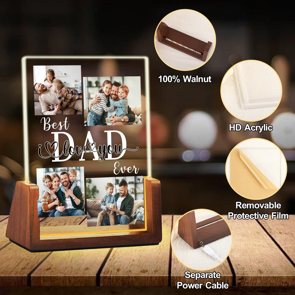 Personalized Fathers Day Birthday Gifts For Daddy Dad From Daughter Son Wife, Custom Acrylic Plaque Light Up Picture Frame, Customized Dad Gifts For Husband Men Papa Fathers Day Christmas