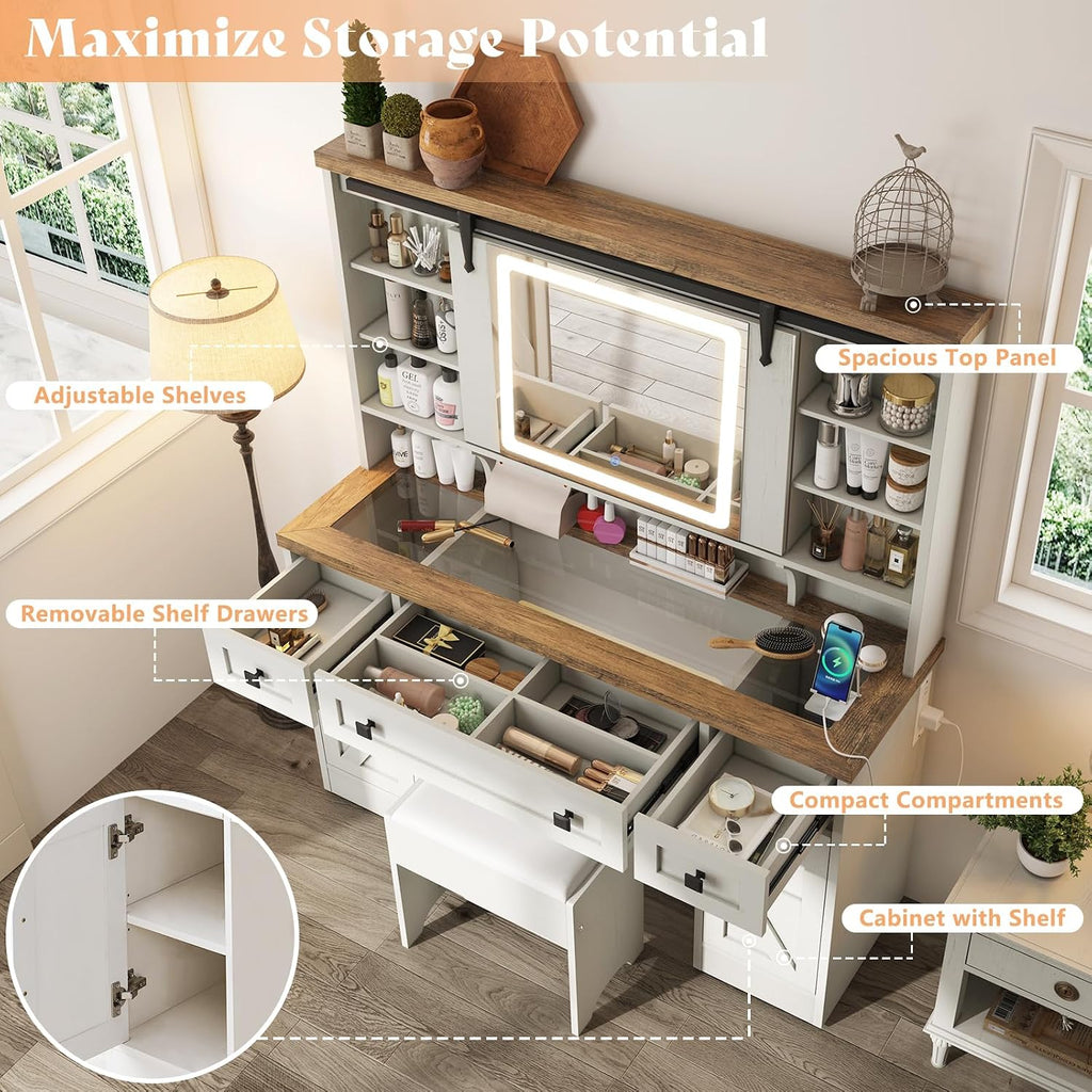 AMERLIFE 47.2" Farmhouse Vanity Desk with Mirror and Lights, Rustic Makeup Vanity Table with Charging Station, Vanity Set with Stool & Storage, LED Sliding Mirror & Glass Top, Antique White Finish