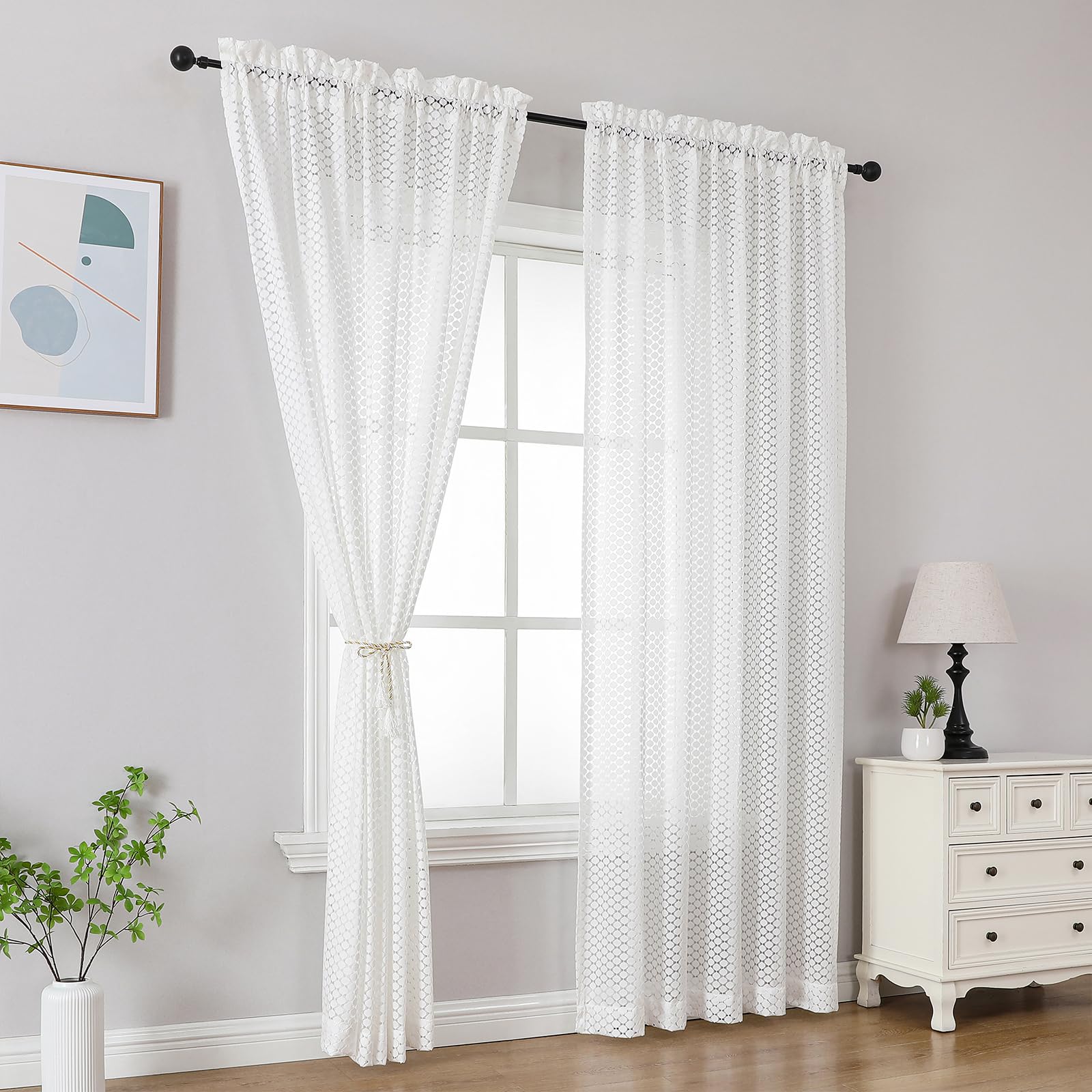 VISIONTEX Sheer Curtains 63 Inches Long 2 Panels Set, Beige and Ivory Moroccan Embroidery Texture Geometric Rod Pocket White Voile Tulle Semi Window Treatment Pair for Bedroom, W54 x L63
