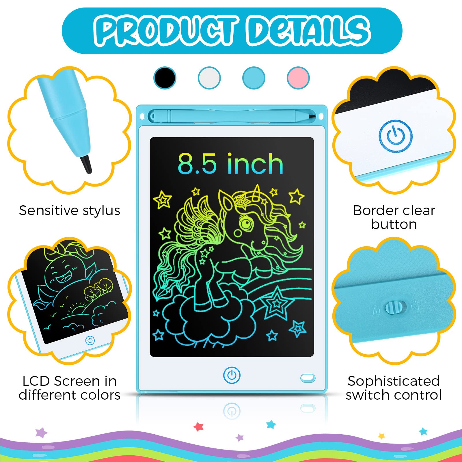 Epakh 16 PCS LCD Writing Tablet for Kids - 8.5 Inch Reusable Writing Board Drawing Doodle Pad Gift for Girl & Boy, Toddlers, Back to School, Birthday Party Favors(Black)