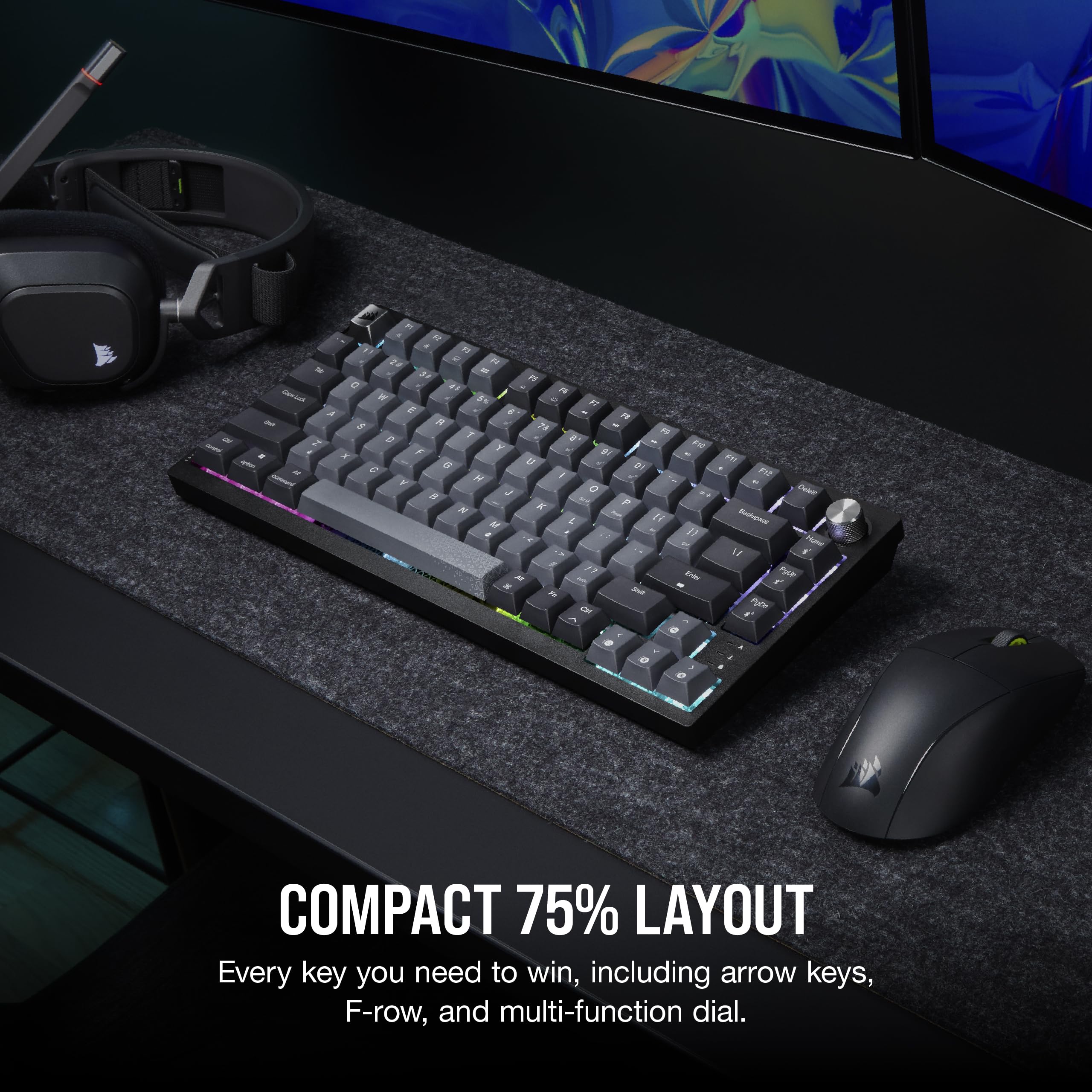 Corsair K65 Plus Wireless 75% RGB Mechanical Gaming Keyboard – Pre-Lubricated MLX Red Linear Switches – PBT Dye-Sub Keycaps – PC, Mac, PS5, PS4, Xbox, iPad – QWERTY NA – Black/Gray