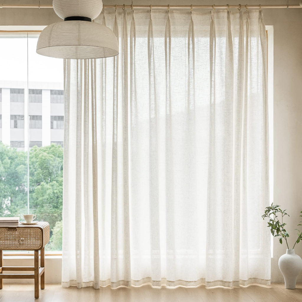 MAIHER Linen Textured Pleated Curtains 63 Inches Long for Living Room, Light Filtering Pinch Pleat Semi Sheer Drapes Curtains with Tieback and Hooks, Natural Linen (1 Panel, 54" W x 63" L)