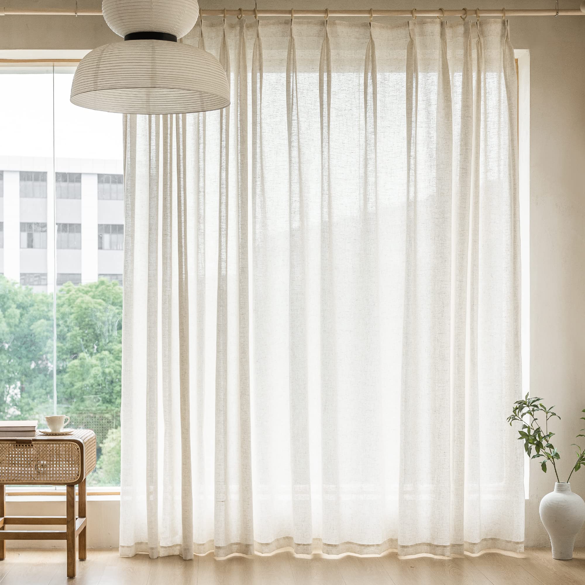 MAIHER Linen Textured Pleated Curtains 63 Inches Long for Living Room, Light Filtering Pinch Pleat Semi Sheer Drapes Curtains with Tieback and Hooks, Natural Linen (1 Panel, 54" W x 63" L)