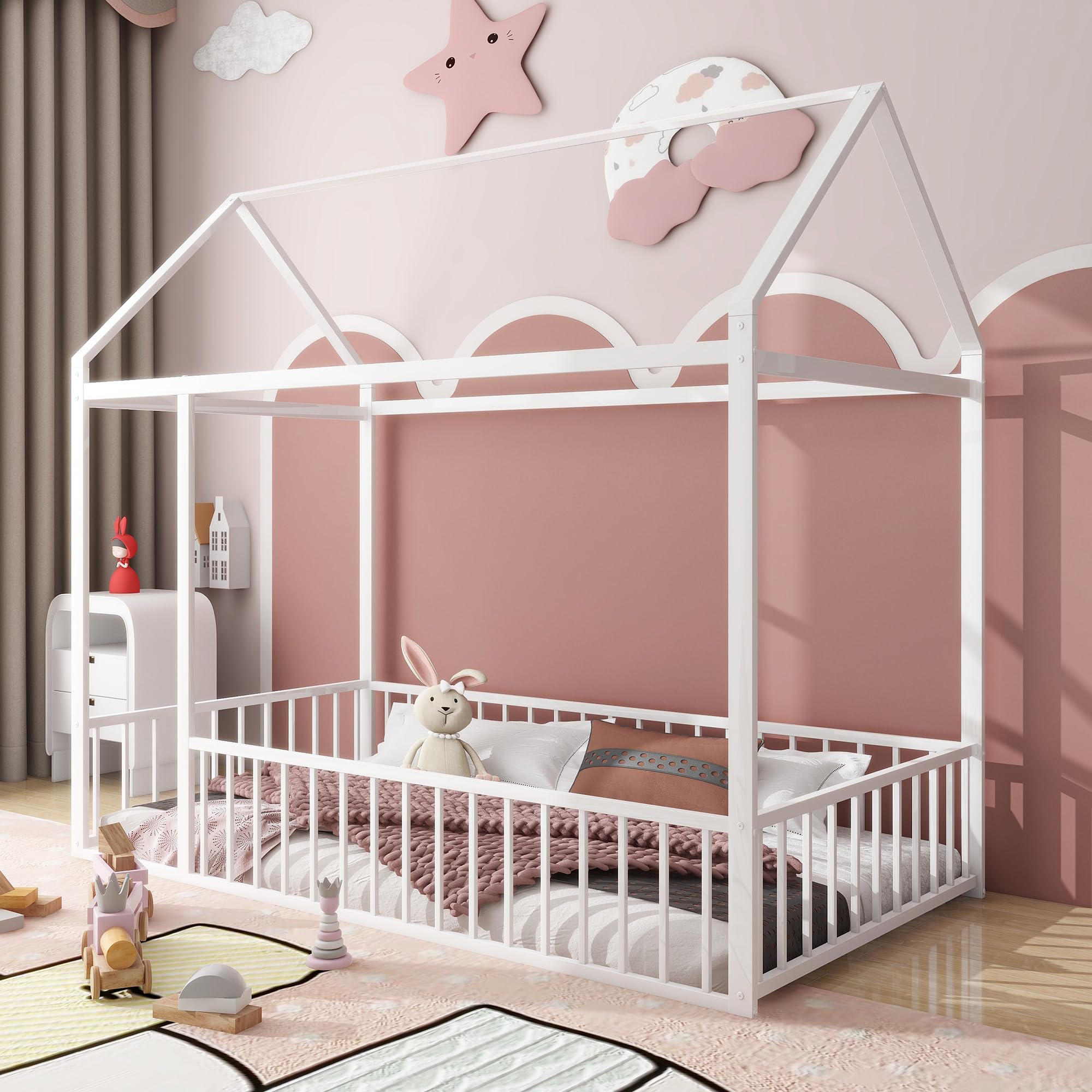 Bellemave Twin Size Montessori Floor Bed, Metal House Bed Framefor Kids, Montessori Floor Beds with Fence, Playhouse for Kids,Black