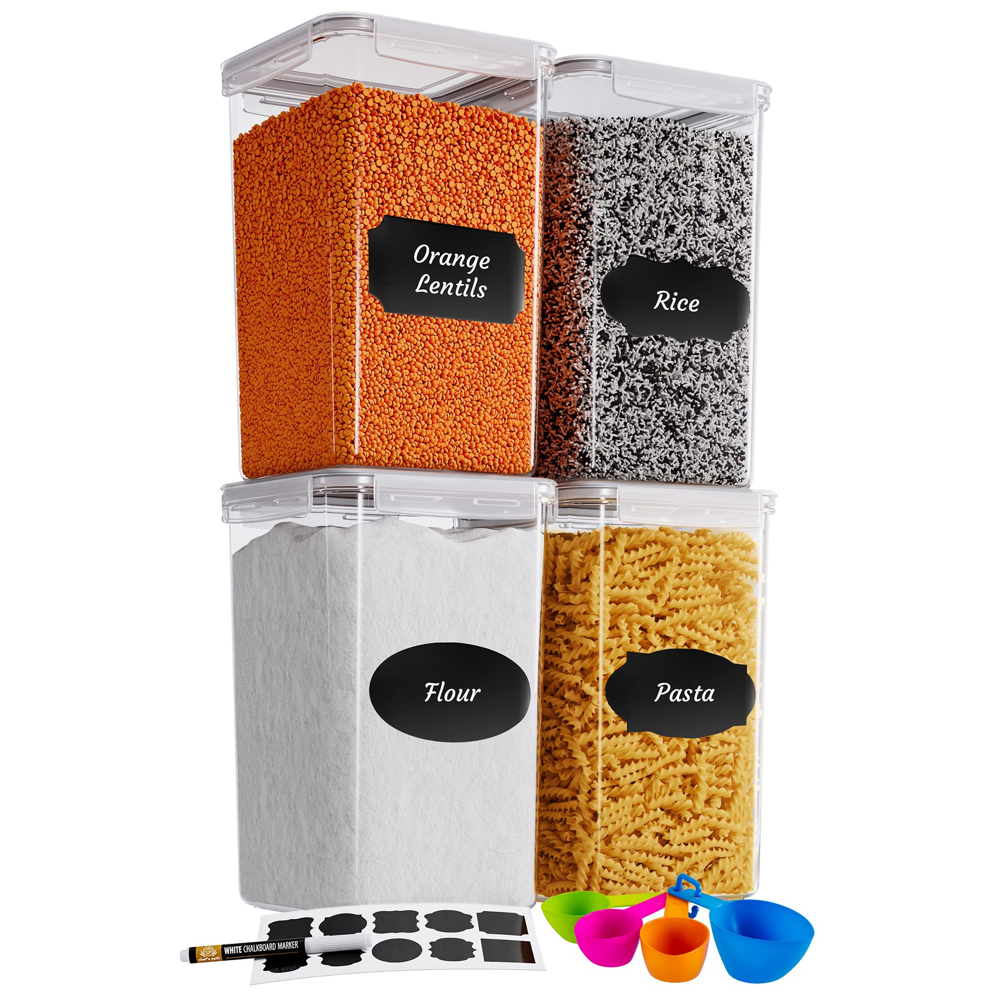 Chef's Path Kitchen Storage Box Set of 4 Extra Large Airtight Food Storage Jars for Sugar Flour Cereal Rice - Measuring Spoons, Pen and Food Preservation Labels (5.2 L)