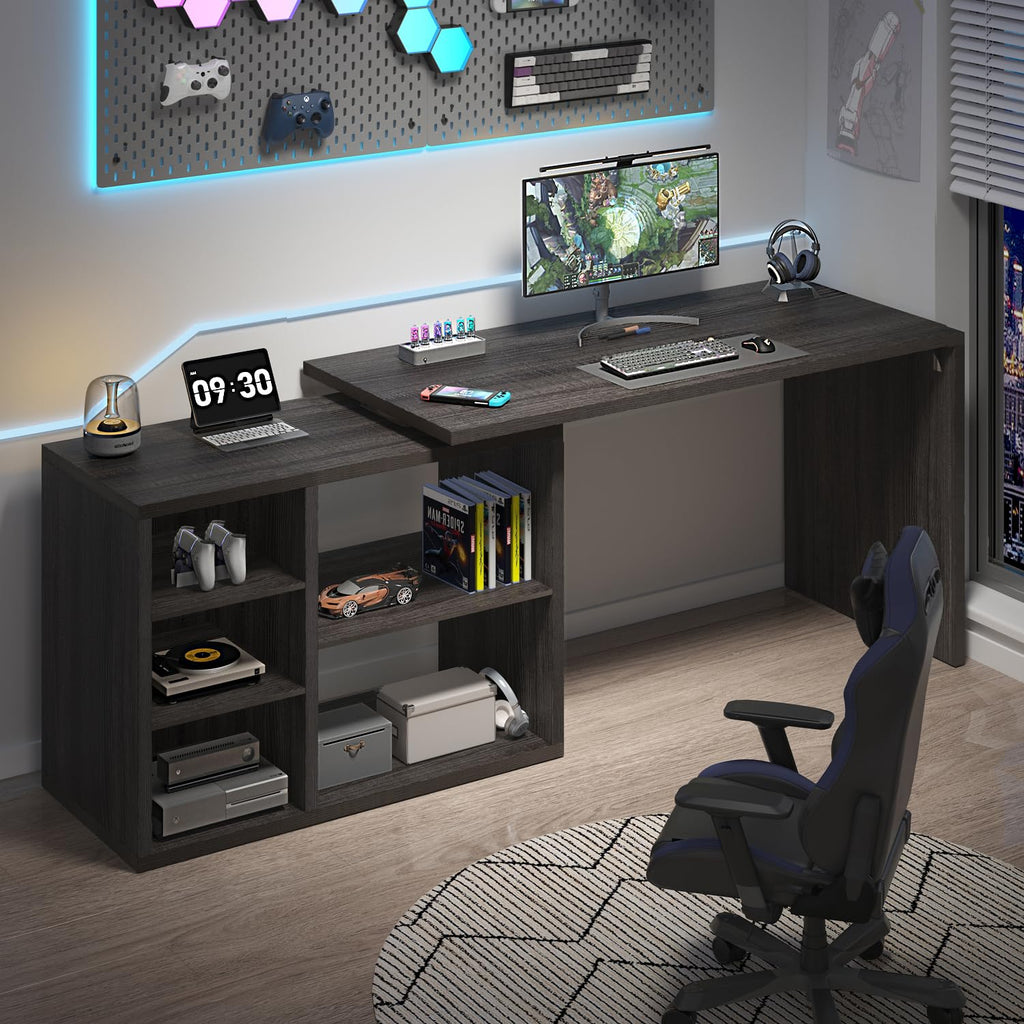 HSH Black L Shaped Computer Desk, Corner Desk with Storage Cabinet Shelves, Reversible Industrial Wood Executive Workstation, L-Shaped Home Office Table for Work Study Writing Gaming, 55 Inch