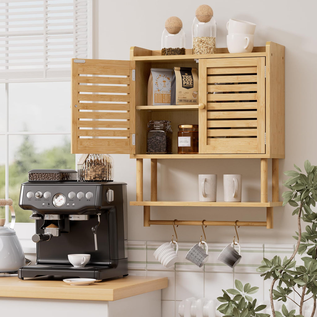 AmazerBath Bathroom Wall Cabinets, Bamboo Medicine Cabinet with Rattan Door, Over The Toilet Storage Cabinet with Towel Bar, Wall Mounted Cabinet with Adjustable Shelves for Small Spaces