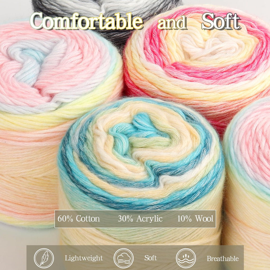 Katech Fairyland Yarn for Crocheting Knitting-Gradient Yarn Cake-4 Pack of 100g/3.52 oz-Soft DK Light Weight #3-60% Cotton 30% Acrylic 10% Wool-Perfect for Scarves, Shawls, Blankets and Garments(A)