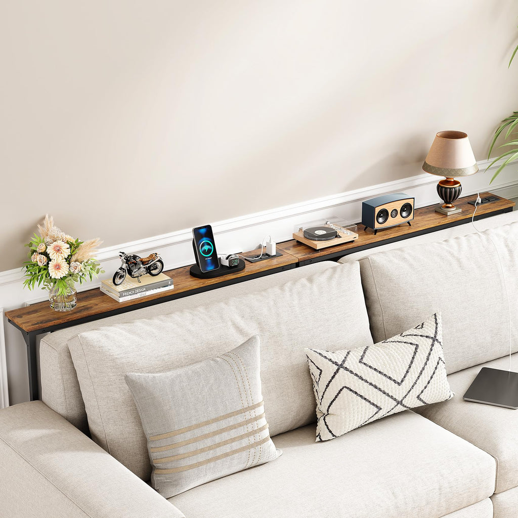 Kitstorack Narrow Sofa Table with Charging Station, 78.8" Behind Couch Table, Adjustable 24.4"-32.7" Height, Modular 2-piece Design for sectionals, entryways, Apartments, and Narrow Living Spaces
