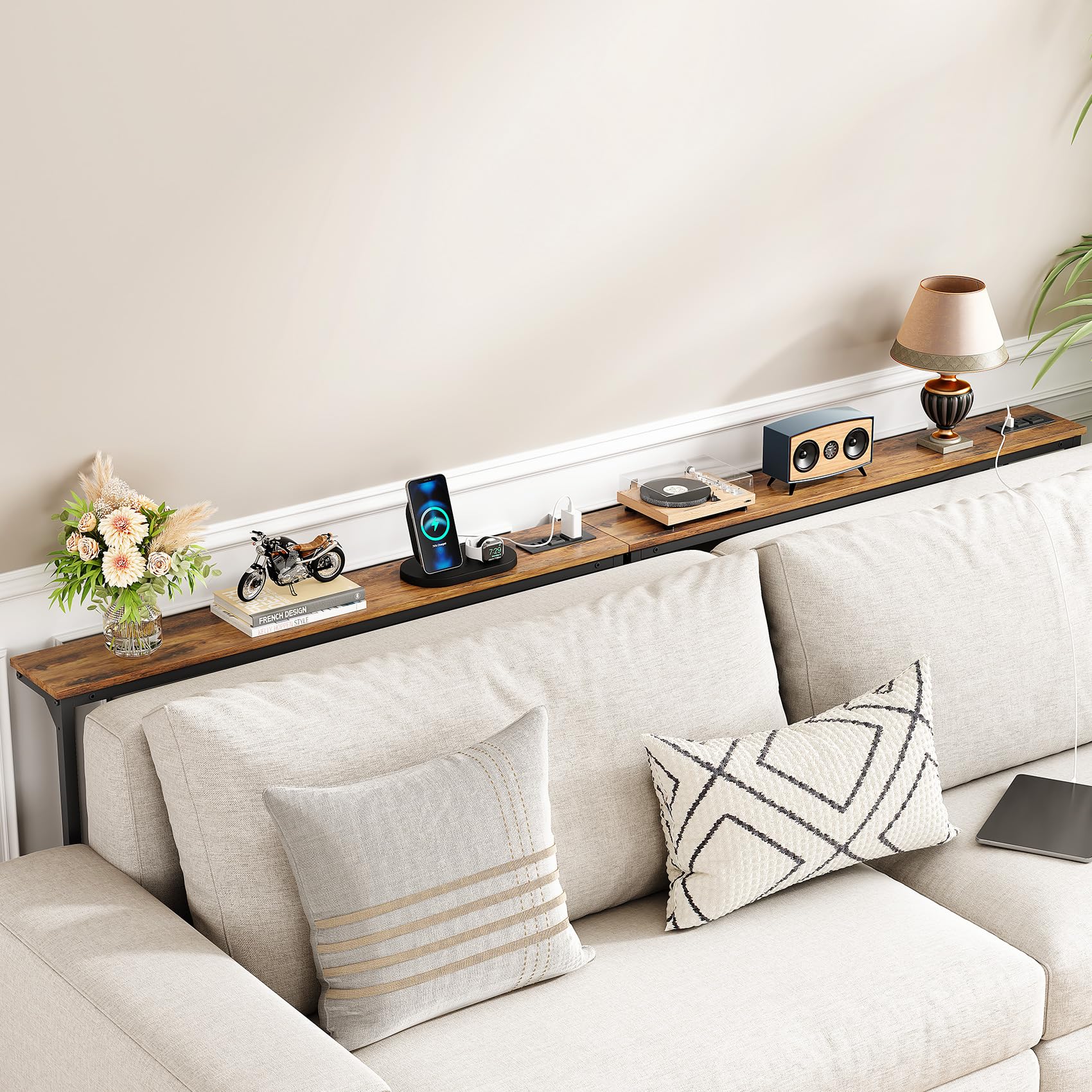 Kitstorack Narrow Sofa Table with Charging Station, 78.8" Behind Couch Table, Adjustable 24.4"-32.7" Height, Modular 2-piece Design for sectionals, entryways, Apartments, and Narrow Living Spaces