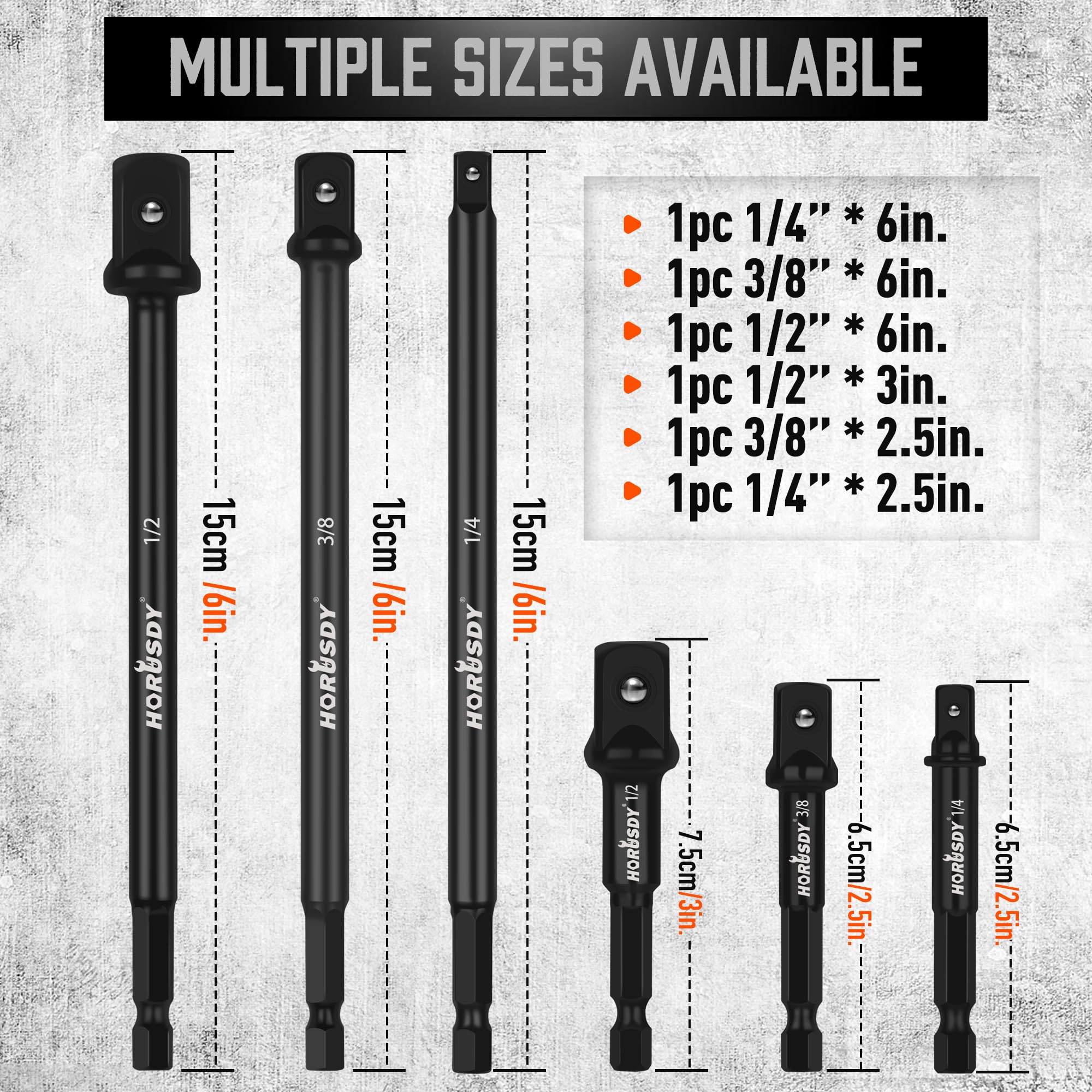 HORUSDY 6-Piece Impact Sockets Adapter Sets, 3-Inch and 6-Inch Hex Shank 1/4" 3/8" 1/2"