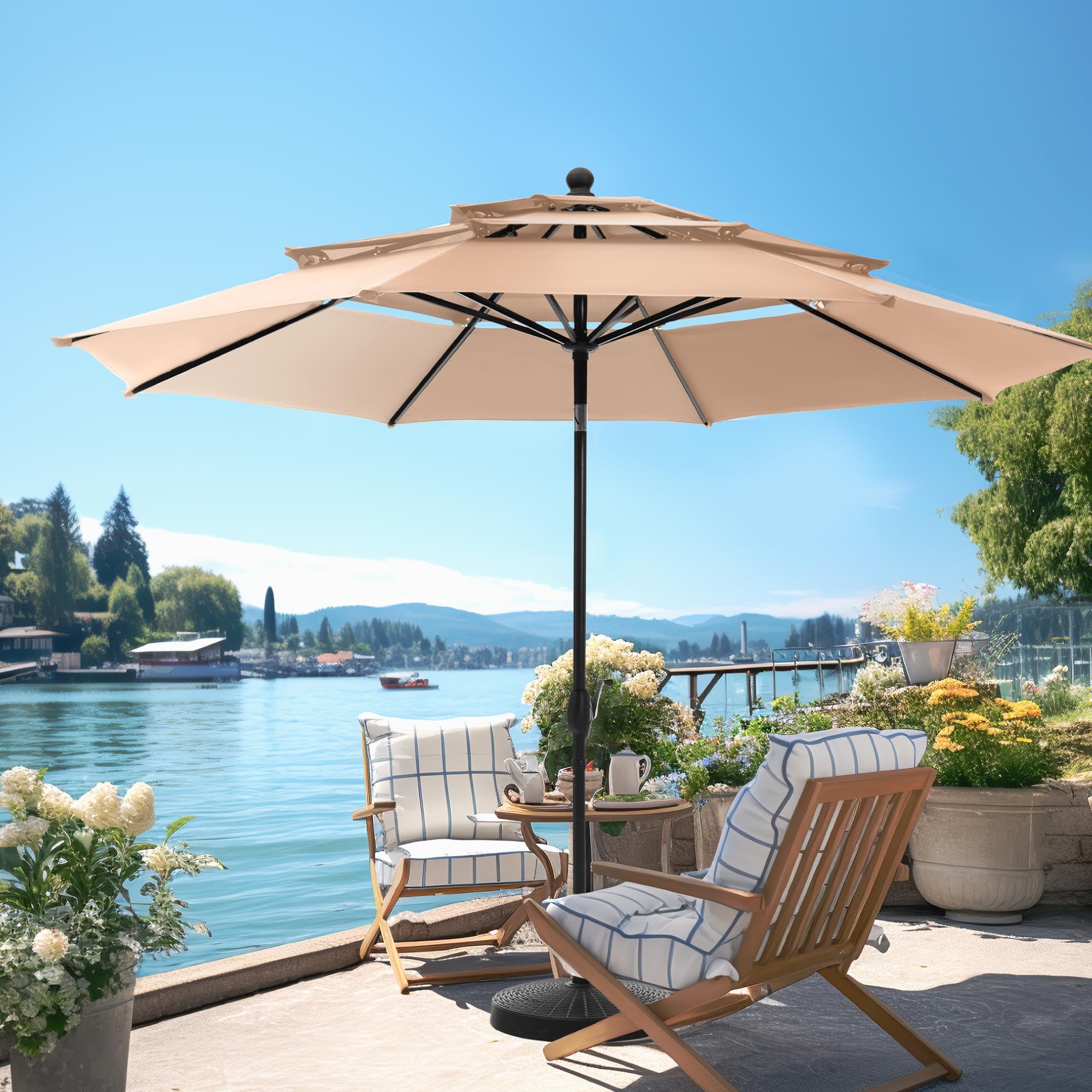 PHI VILLA 10ft Patio Umbrellas, Outdoor 3 Tier Vented Large Market Table Umbrella with 8 Sturdy Ribs and 1.5" Umbrellla Pole for Lawn Poolside Garden Terrace, Beige(No Base)