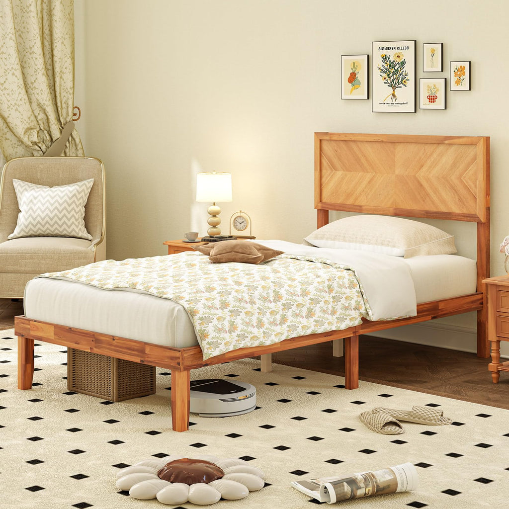 Giantex Wood Twin Bed Frames with Headboard, Solid Acacia Wood Platform Bed with 12 Strong Wooden Slat Support, Scandinavian Style Art Deco Twin Size Bed Frame, No Box Spring Needed, Rustic Brown