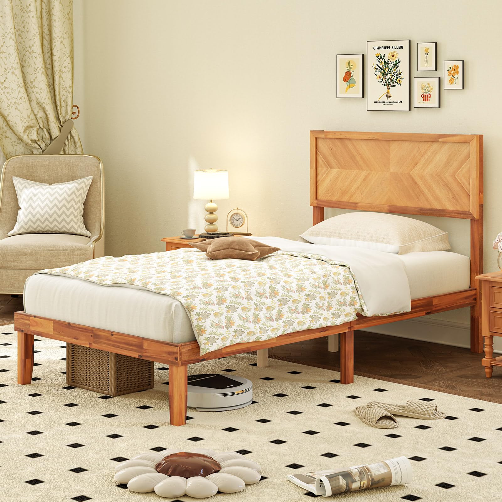 Giantex Wood Twin Bed Frames with Headboard, Solid Acacia Wood Platform Bed with 12 Strong Wooden Slat Support, Scandinavian Style Art Deco Twin Size Bed Frame, No Box Spring Needed, Rustic Brown