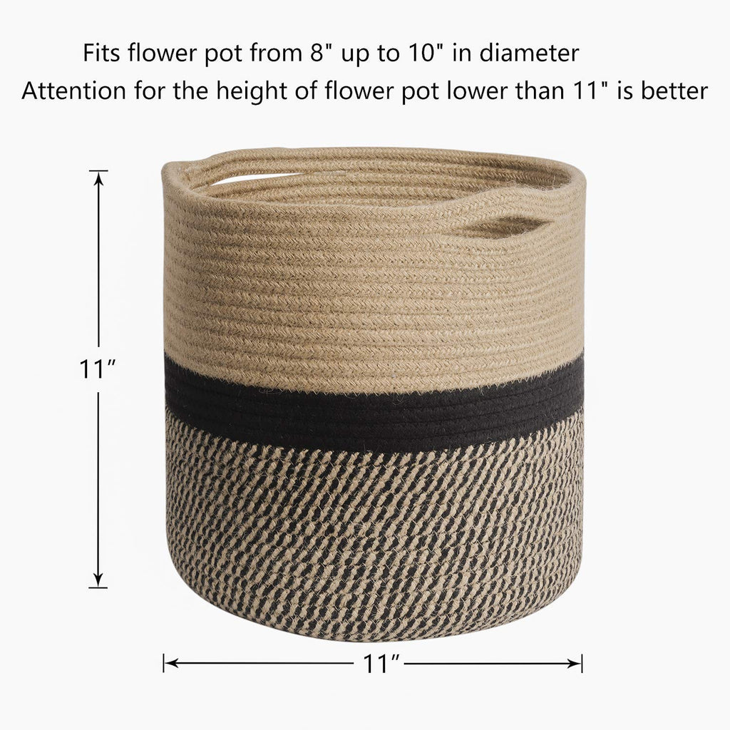 TIMEYARD Sturdy Jute Rope Plant Basket Modern Woven Basket up to 7.5 Inch Flower Pot Floor Indoor Planters, 8” x 8” Storage Organizer Baskets Rustic Home Decor, Black Stripes