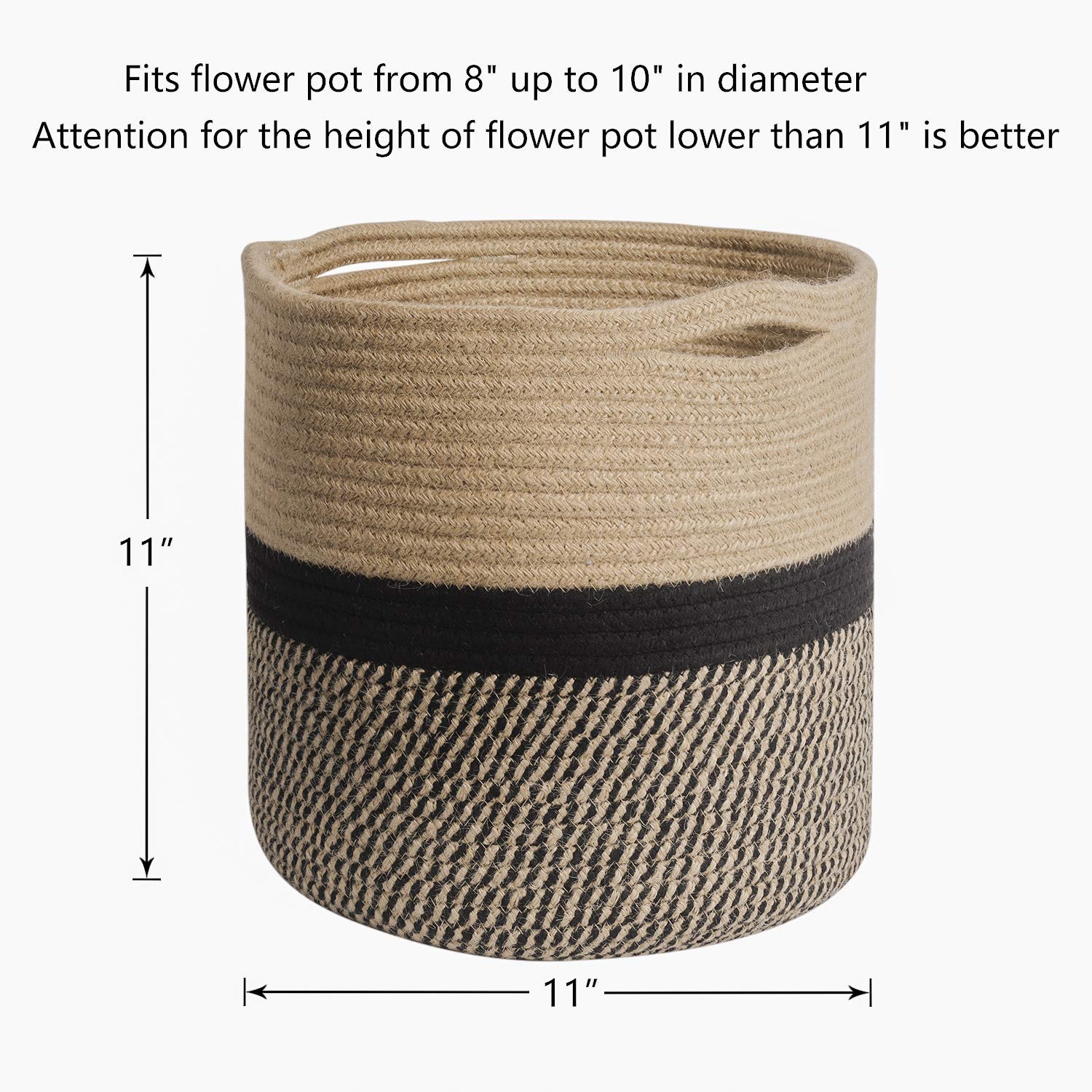 TIMEYARD Sturdy Jute Rope Plant Basket Modern Woven Basket up to 7.5 Inch Flower Pot Floor Indoor Planters, 8” x 8” Storage Organizer Baskets Rustic Home Decor, Black Stripes