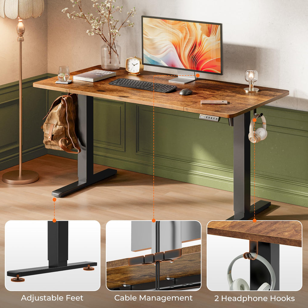 Huuger 48 x 28 Large Electric Standing Desk, Height Adjustable Desk, 27.6" Deep Desktop, Stand up Gaming, 2 Hooks, 3 Preset Heights, for Home Office, Black