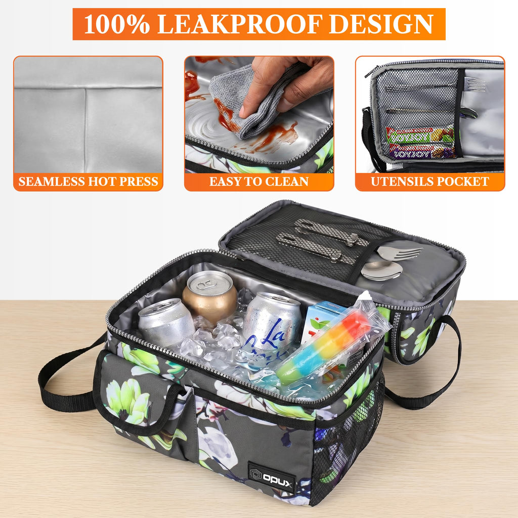 opux Insulated Lunch Bag Women Men, Dual Compartment Leakproof Lunch Box Adults Kids, Double Decker Meal Prep Bento Lunch Cooler Tote with Shoulder Strap for Work Office School Travel, Black