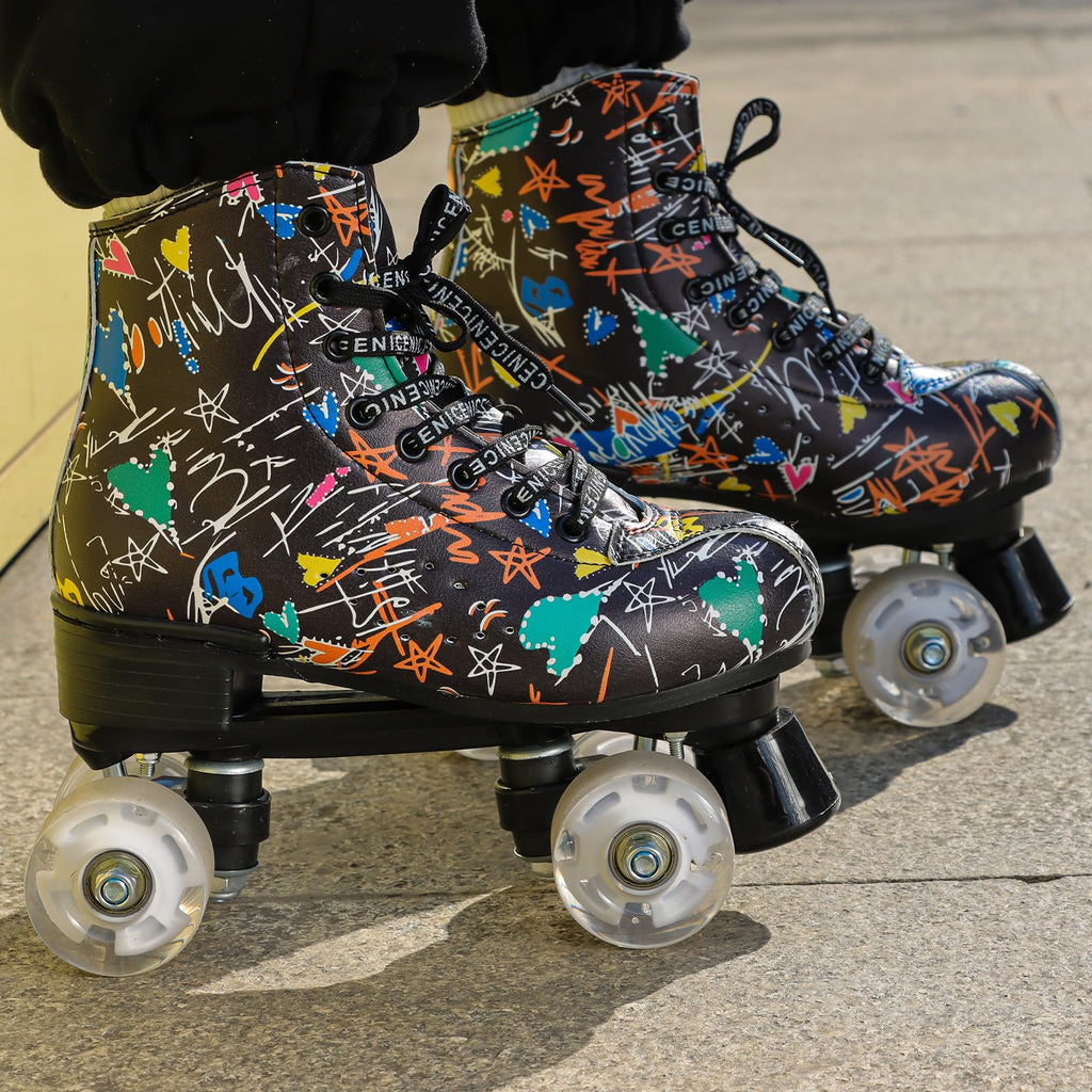 Roller Skates for Men and Women, Black Derby Roller Skates with 4 Shiny Wheel, Classic Double-Row Roller Skates for Indoor and Outdoor