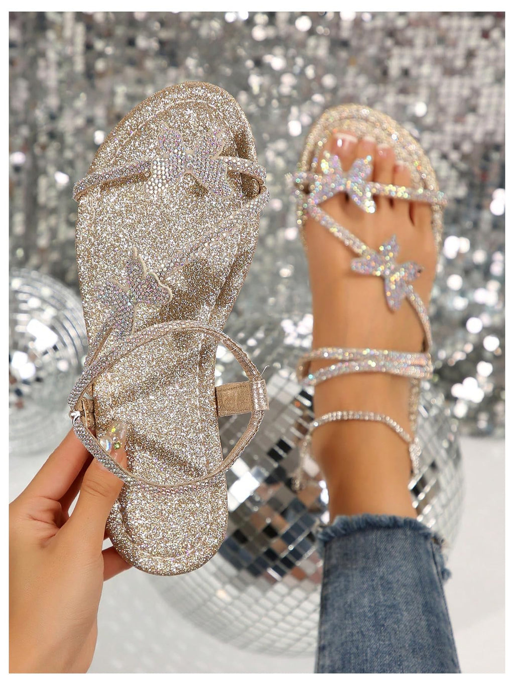 Floerns Women's Elegant Rhinestone Butterfly Transparent Elastic Strap Summer Flat Sandals