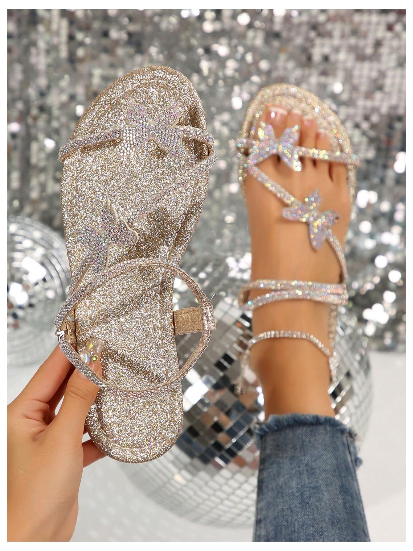 Floerns Women's Elegant Rhinestone Butterfly Transparent Elastic Strap Summer Flat Sandals