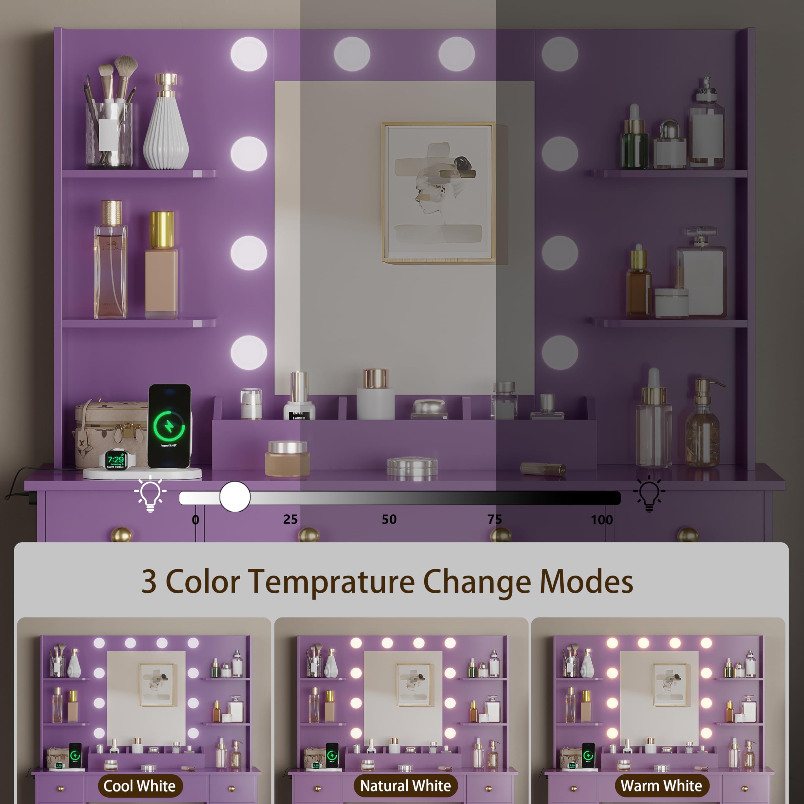 HUANLEGO Vanity Desk with Mirror and Lights, Makeup Vanity with Mirror and LED Lights & Power Outlet, 3 Drawers and Cabinets, 3 Lighting Modes Dressing Table Set for Girls Women Bedroom,Oak
