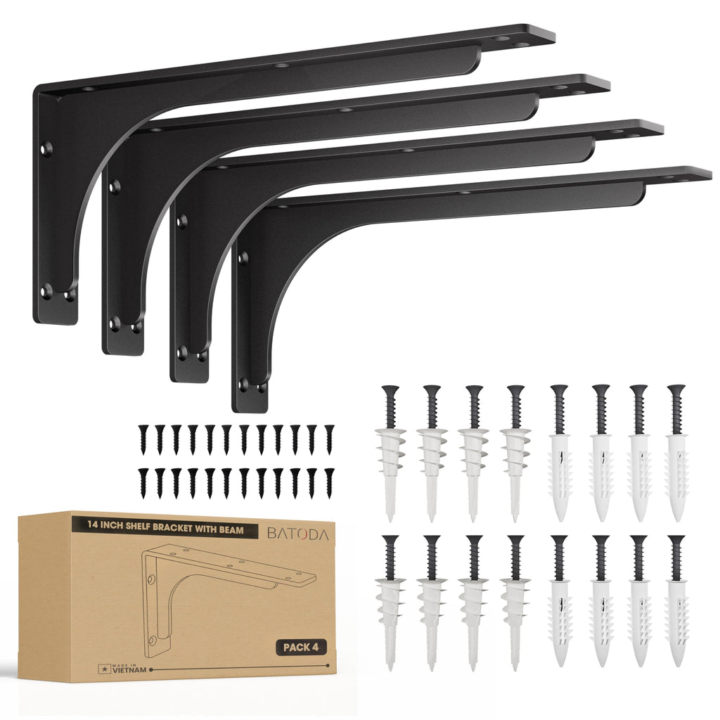 BATODA 8" x 5" L Bracket with Beam - Shelf Brackets Black 300 Lbs Capacity - Heavy Duty Shelving Brackets for Floating Shelves - Wall Mounted Support for DIY – Mounting Hardware Included (Pack 4)
