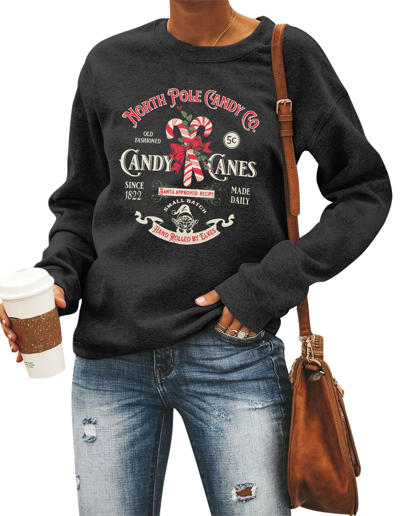 Christmas Sweatshirts Women Candy Canes Graphic Sweatshirt Vintage Xmas Long Sleeve Shirt Pullover Tops