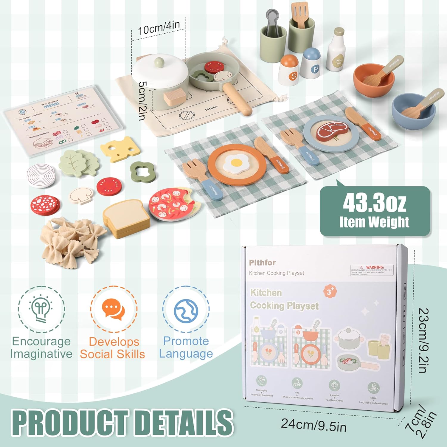 Pithfor Wooden Play Cooking Set, Pretend Play Kitchen Accessories Toys Set for Kids Toddlers, Including Play Dishes, Pot and Pan, Utensils, Gifts for 3 4 5 Years Old Girls Boys