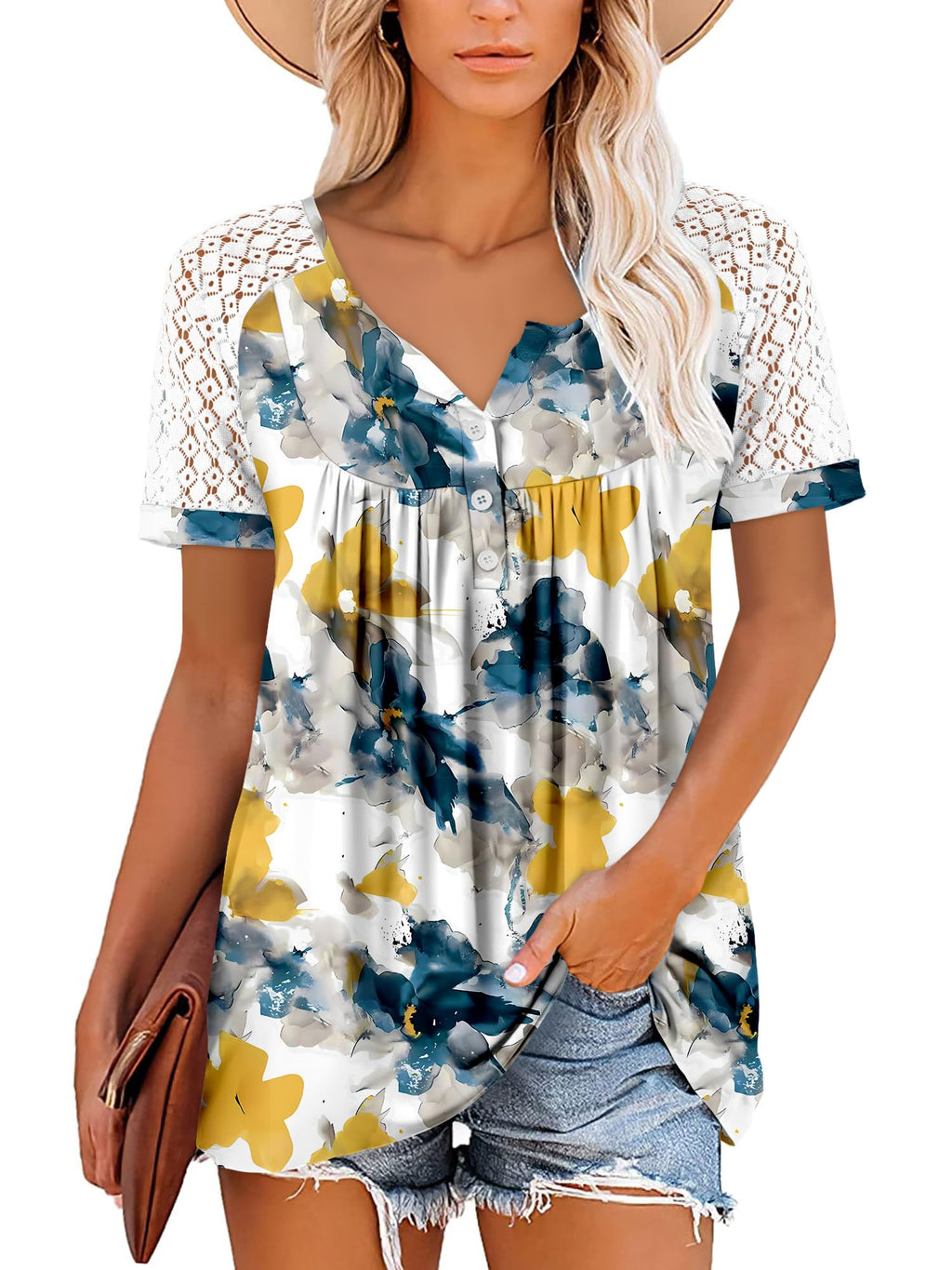 Mystry Zone Womens Henley V Neck Casual Blouse Button Down T Shirts Flare and Flowy Tops