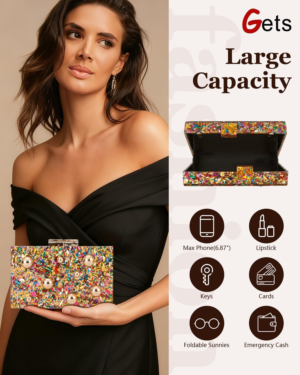 Gets Acrylic Purses and Handbags for Women Multicolor Perspex Geometric Patterns Box Clutch Banquet Evening Crossbody Handbag