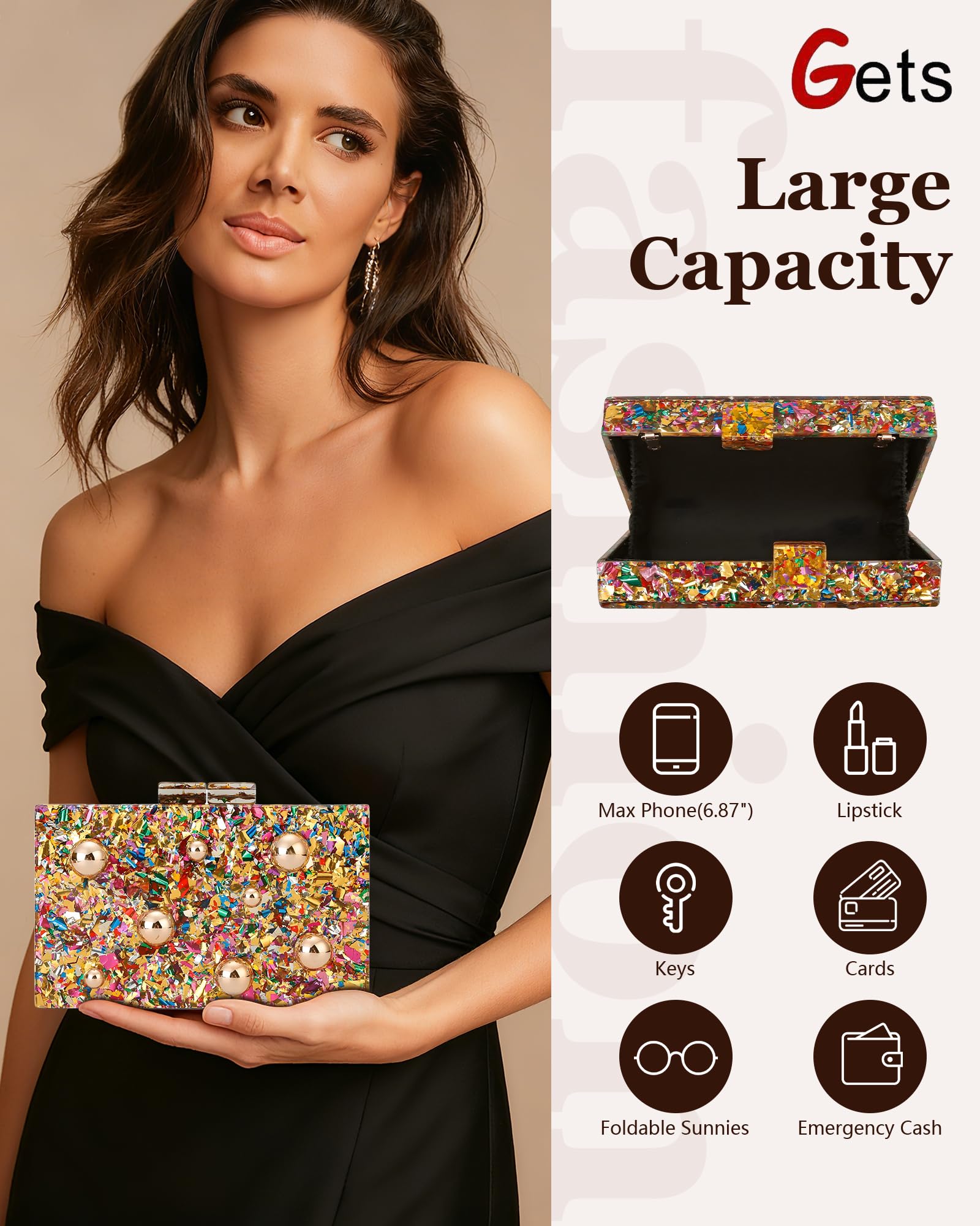 Gets Acrylic Purses and Handbags for Women Multicolor Perspex Geometric Patterns Box Clutch Banquet Evening Crossbody Handbag