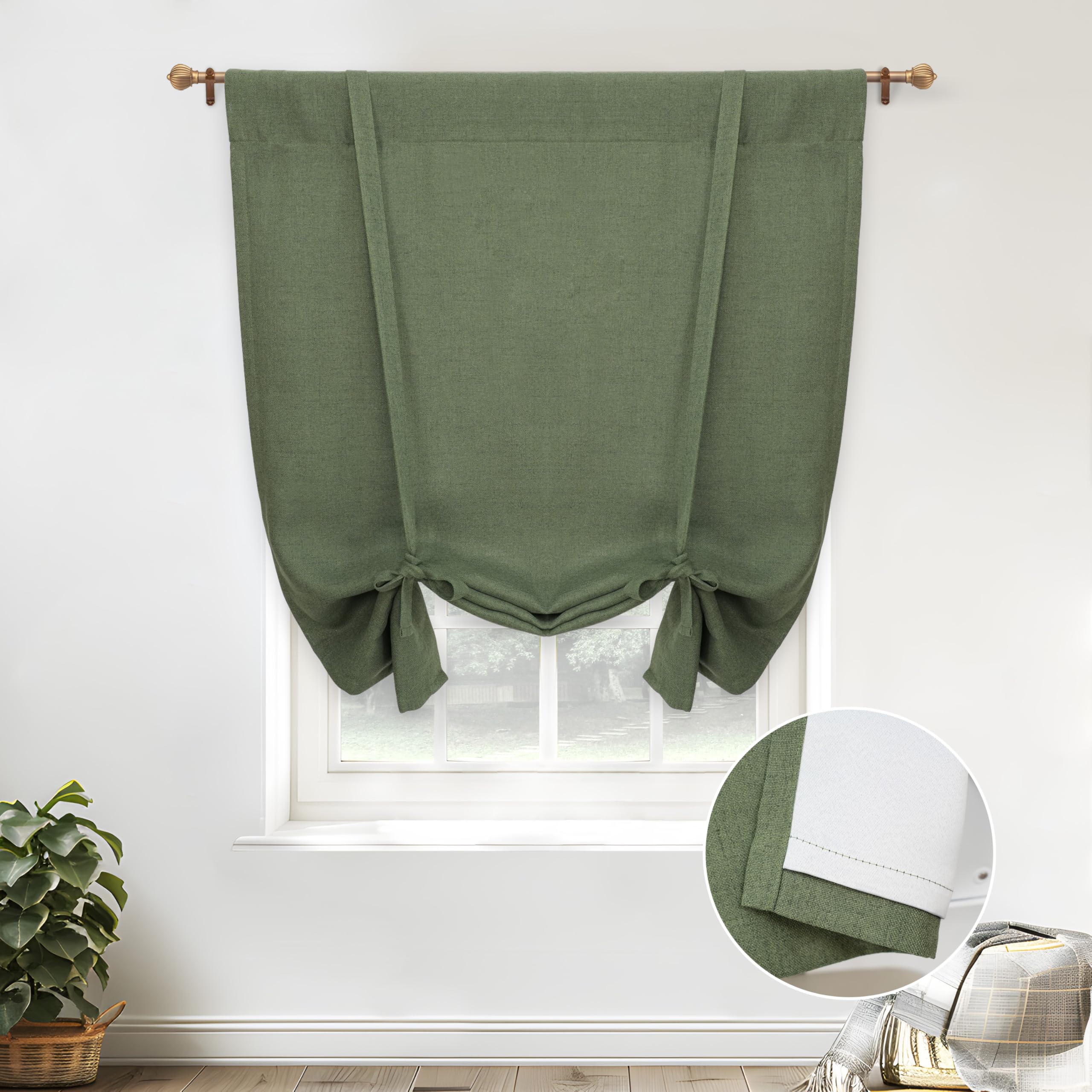 DriftAway Double Layer Linen Blackout Tie Up Curtains Thermal Insulated Fully Lined Balloon Roman Shade Bathroom Window Adjustable Rod Pocket for Small Window 25 Inch by 47 Inch Beige