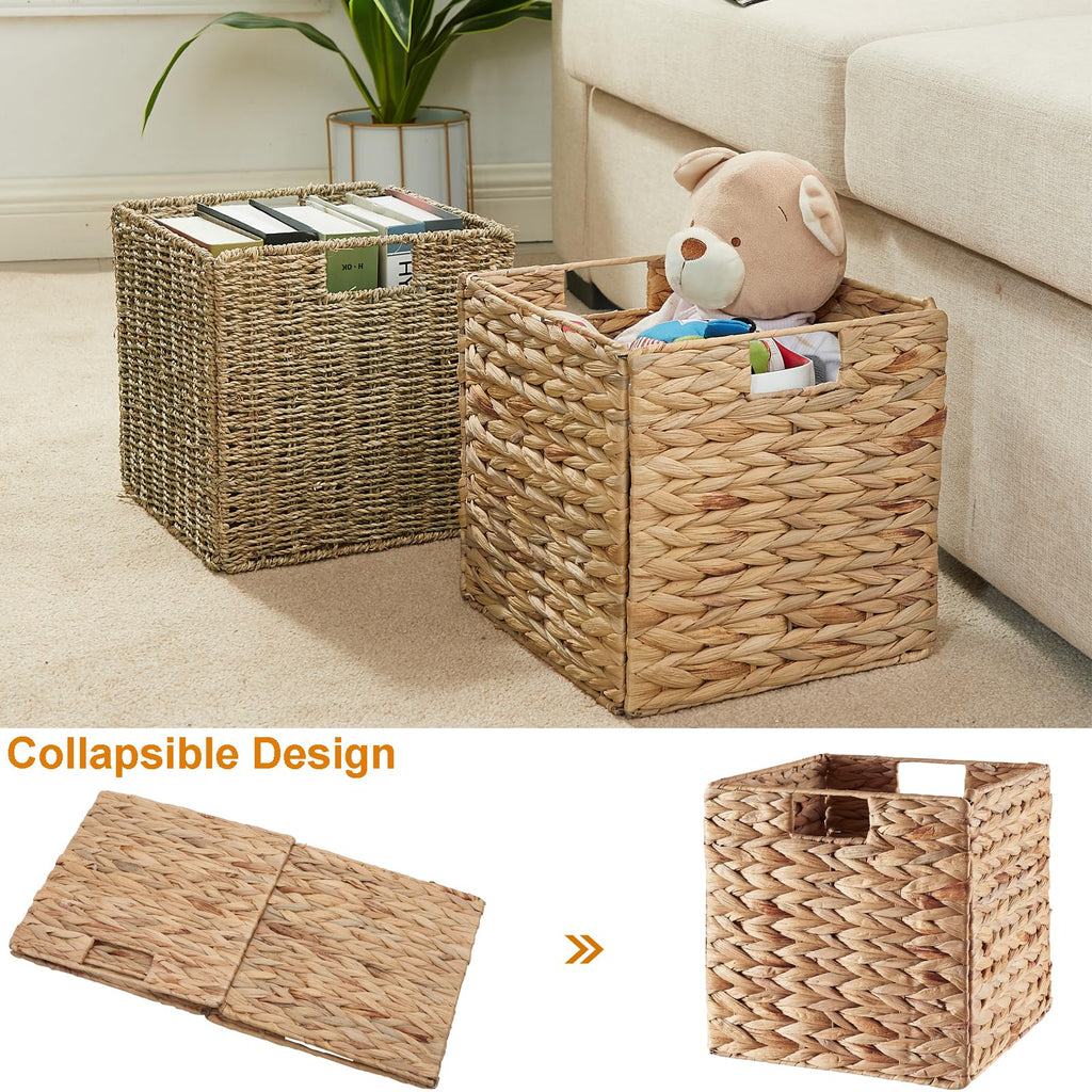 Vagusicc Wicker Storage Basket, Set of 2 Seagrass Storage Baskets, Foldable Wicker Basket 9 Inch Square Cube Storage Bins Storage Baskets for Organizing Shelf Baskets, 9''x9''x9''