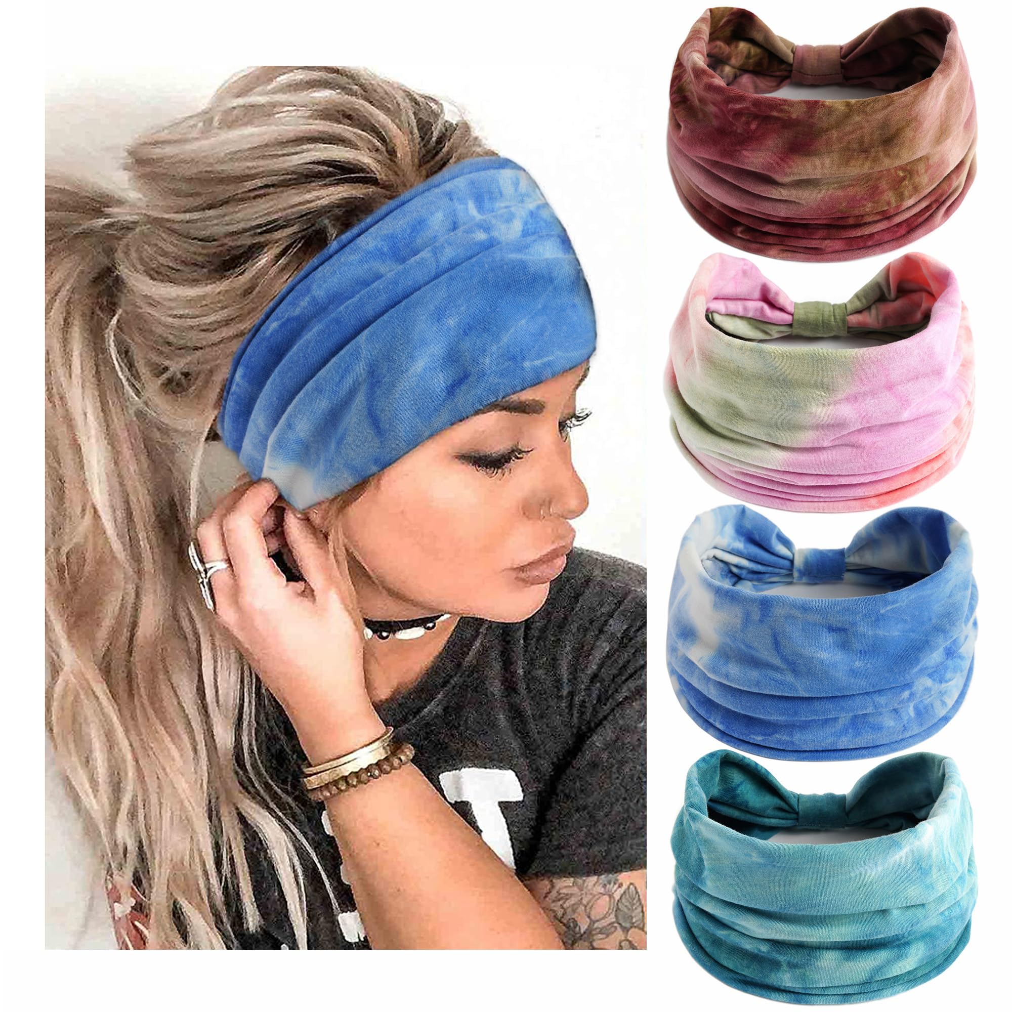 Boho Headbands For Women Fashion Stretch Wide Hair Bands Knoted Turban Head Bands Yoga Running Sweatband Elastic Headband Stylish Wrap Headbands Hair Accessories for Teen Girls 4 Pack