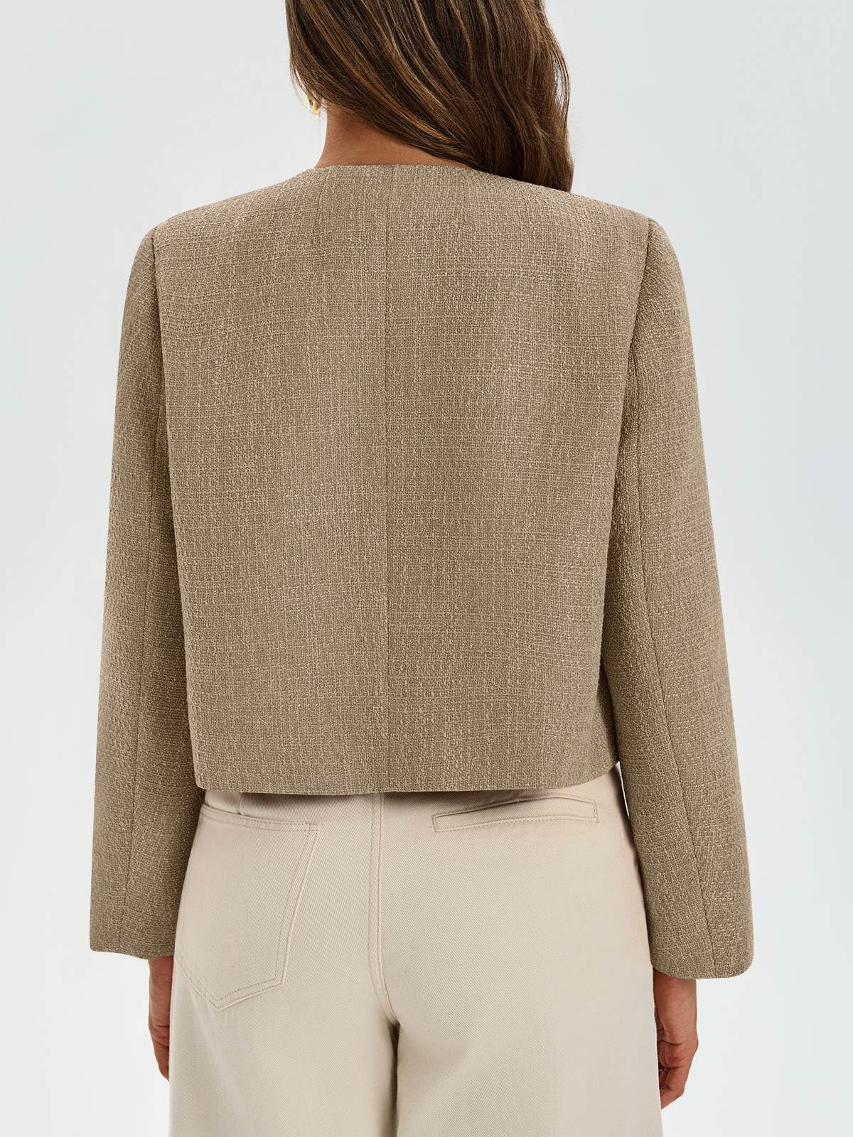 Cicy Bell Womens Cropped Tweed Blazer Collarless Button Down Bomber Jacket Business Casual Fall Outfits
