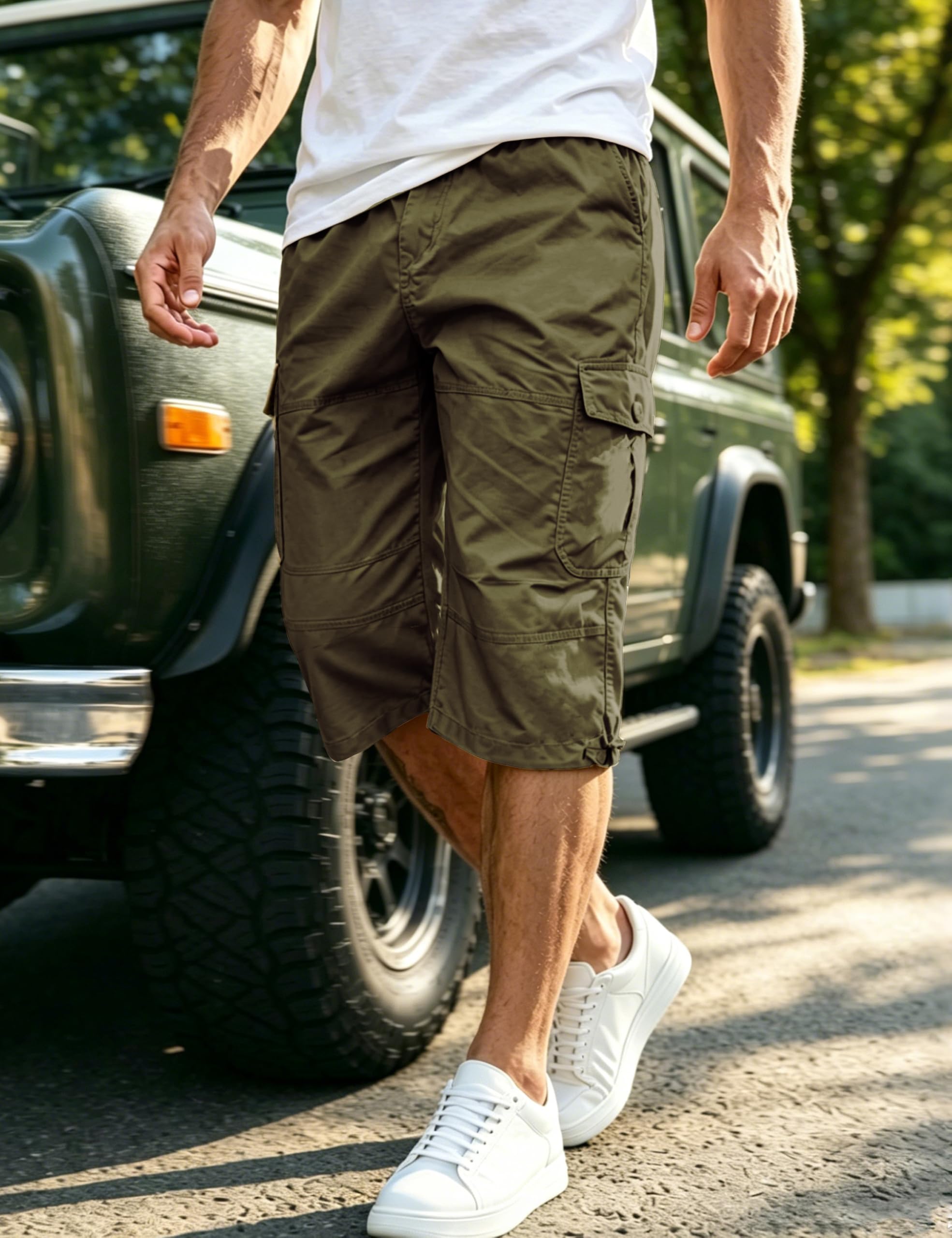 EKLENTSON Men's Cargo Shorts Casual Twill Elastic 3/4 Capri Pants Below Knee Long Shorts with 7 Pockets