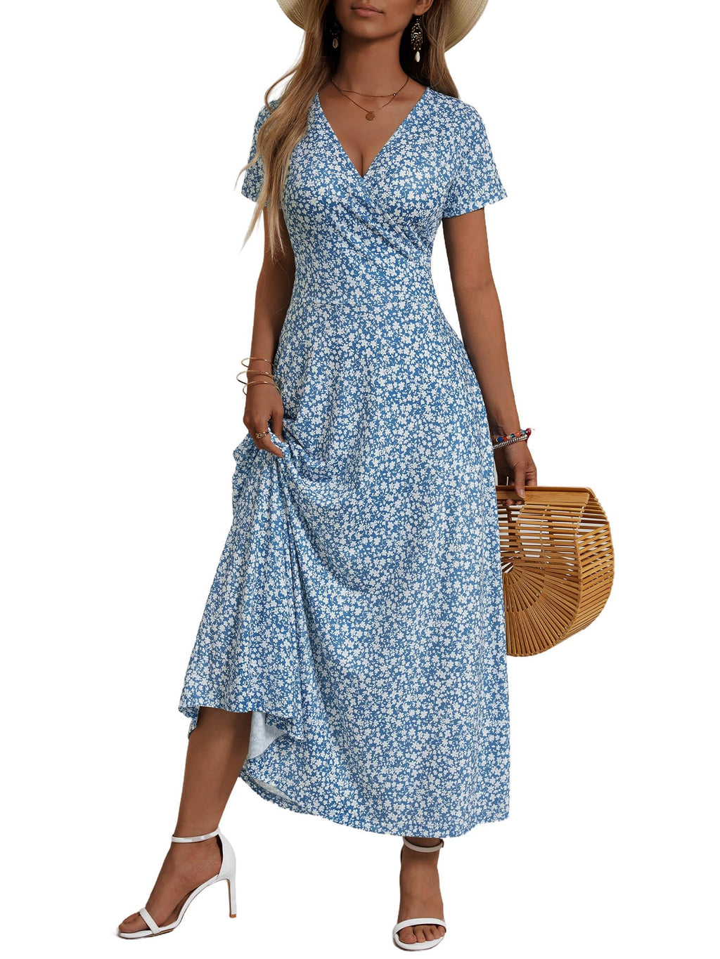 HUHOT Women's Short Sleeve Wrap V Neck Dresses for Wedding Guest Summer Floral Maxi Sundresses with Pockets Boho Dress