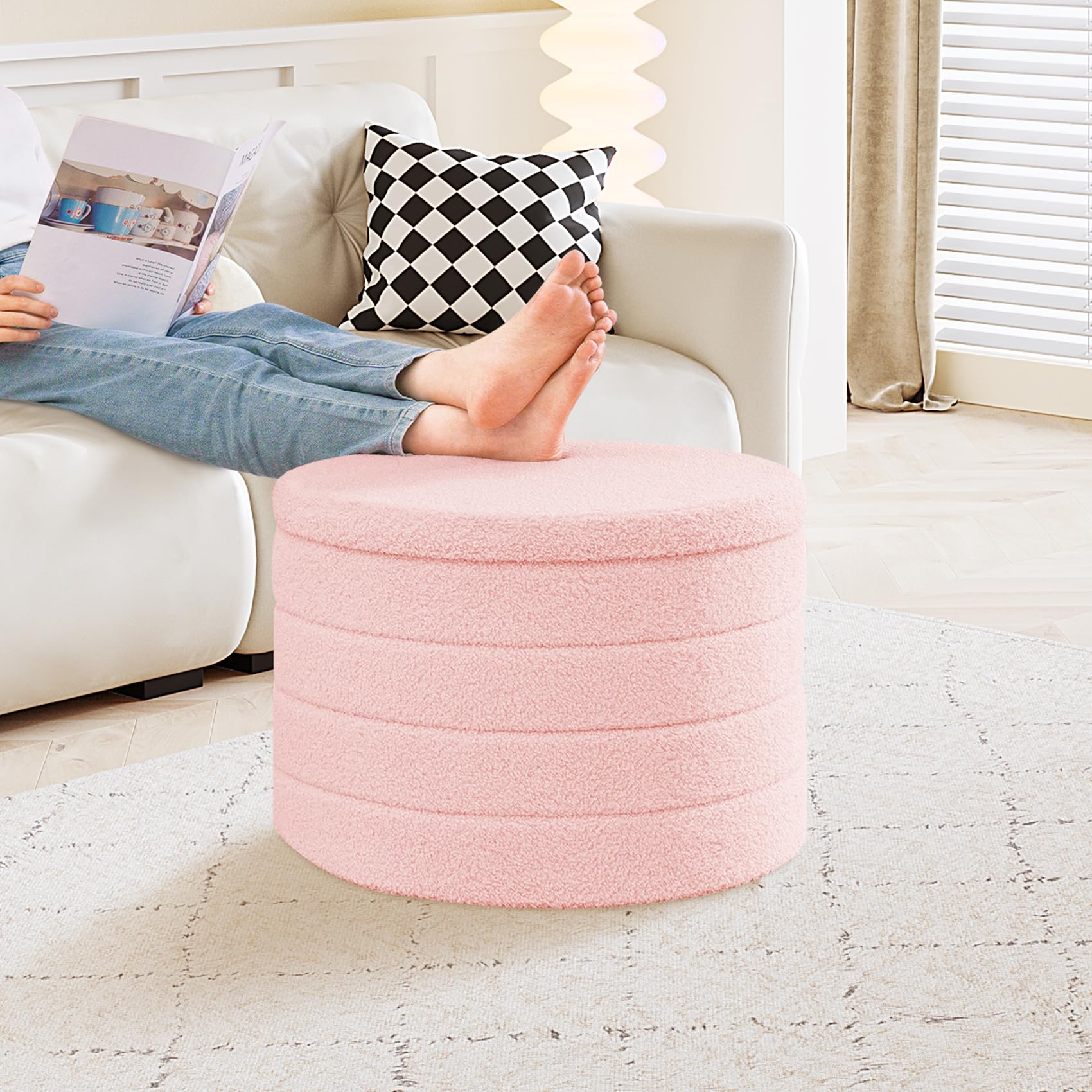 PINPLUS Round Storage Ottoman Foot Rest Stool with Tray Velvet Sherpa Folding Storage Ottoman,Boucle Foot Rest for Living Room, Bedroom, Dorm（Beige）